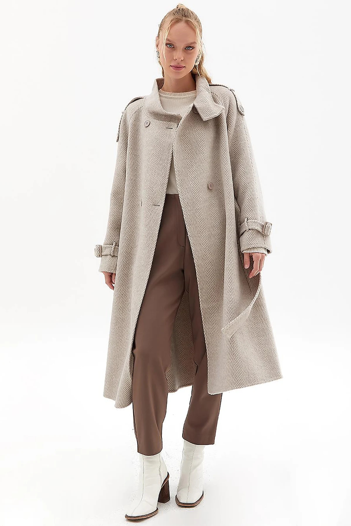 Premium Wool Herringbone Pattern Coat Mink
