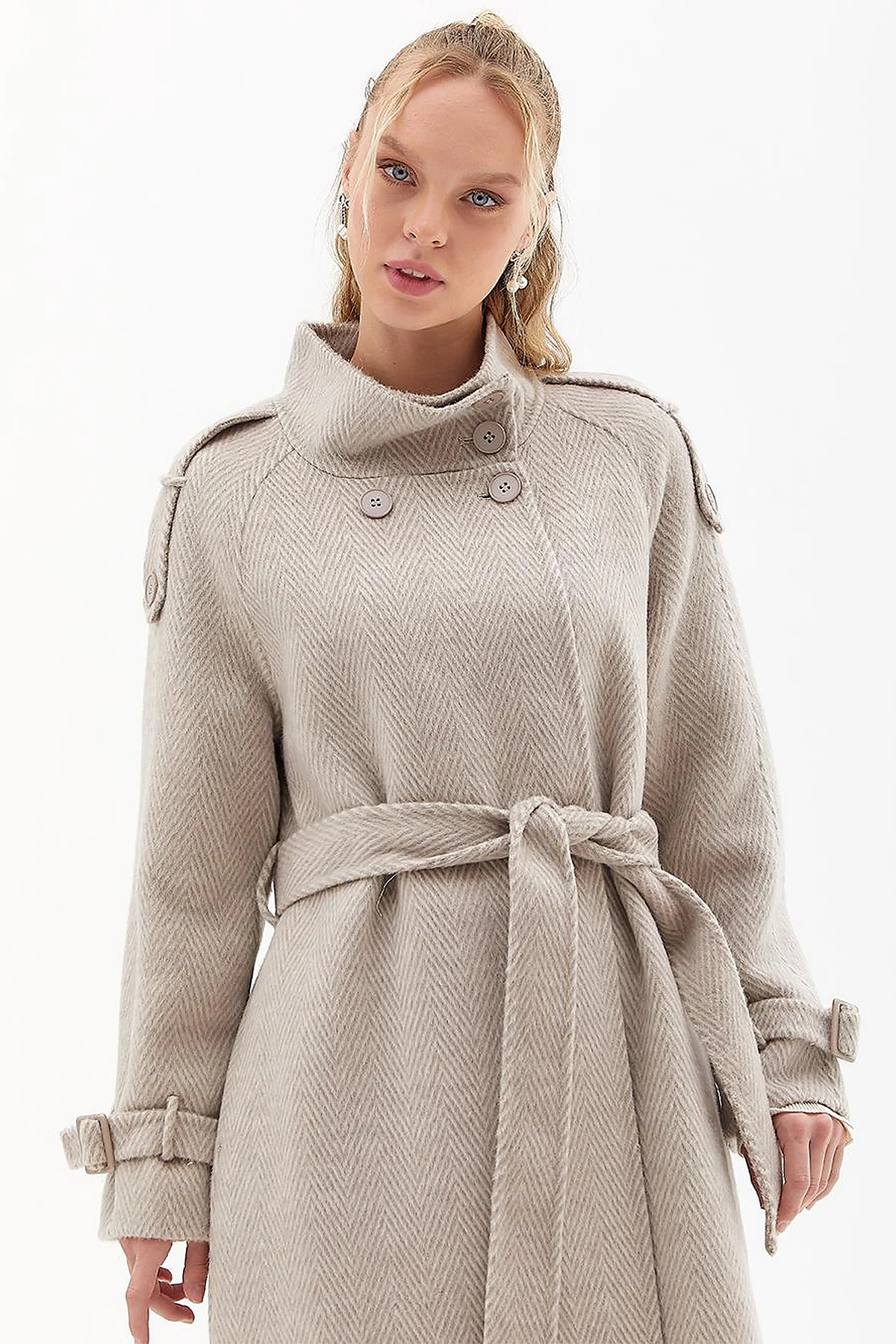 Premium Wool Herringbone Pattern Coat Mink