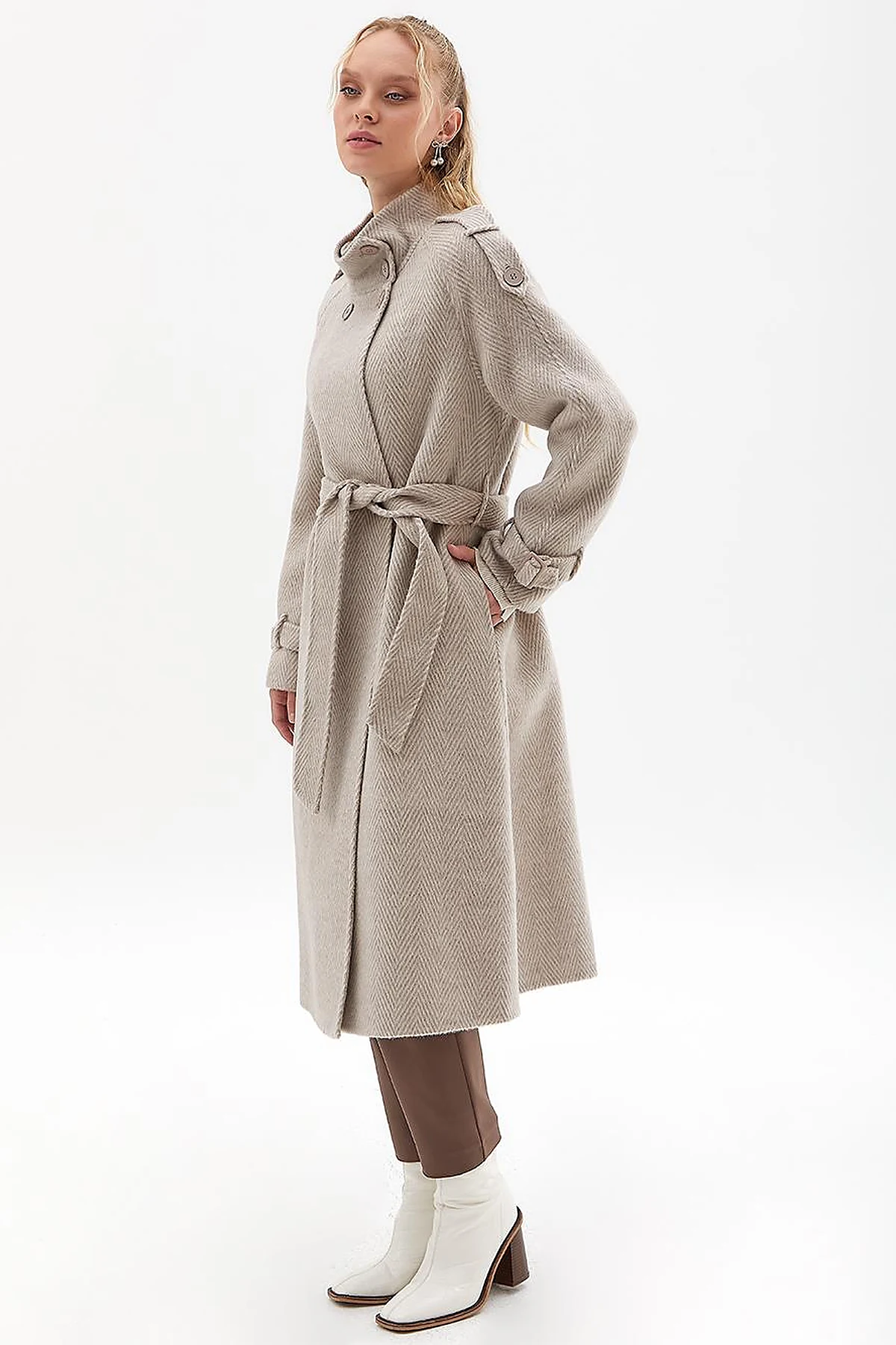Premium Wool Herringbone Pattern Coat Mink