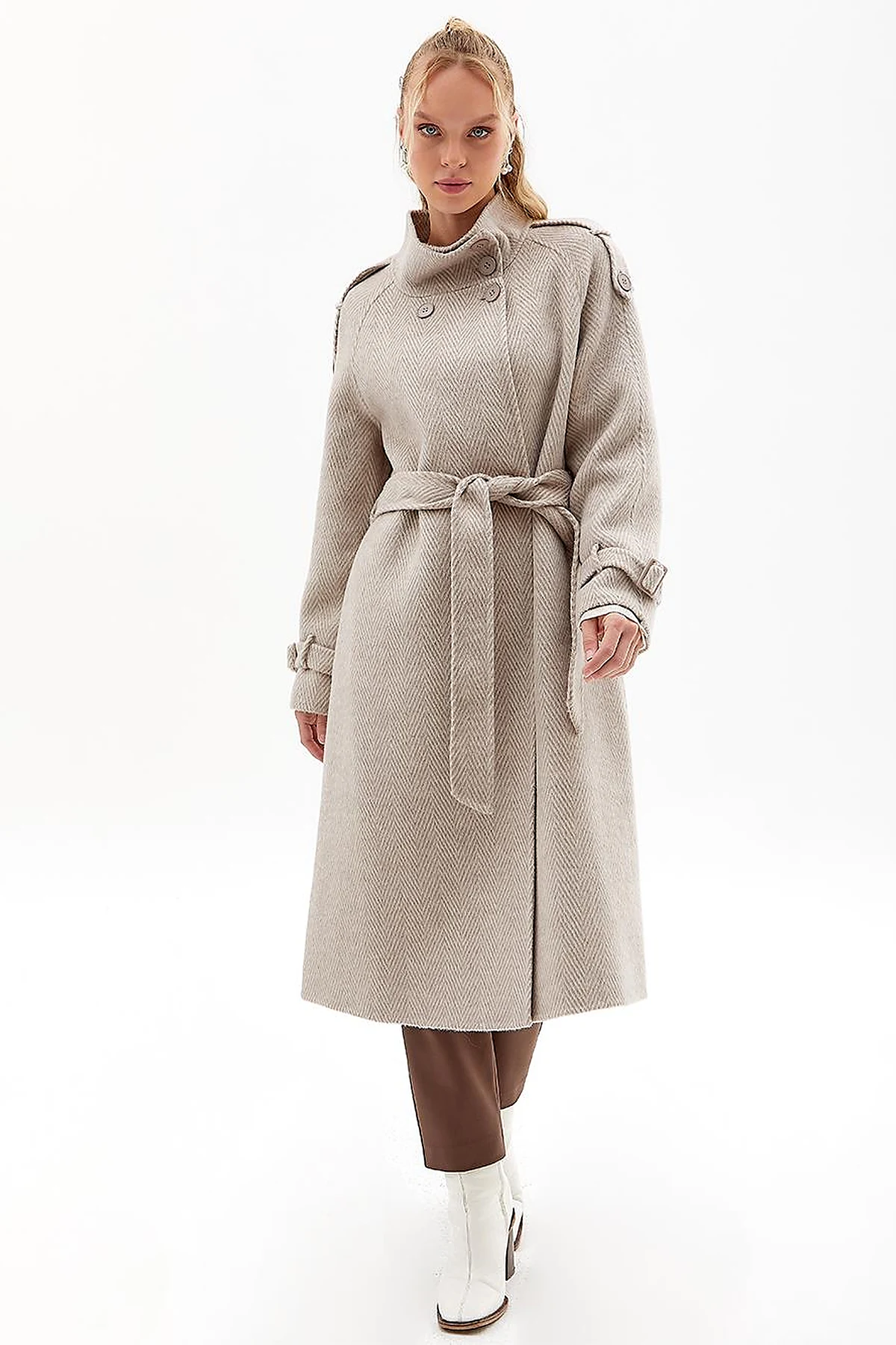 Premium Wool Herringbone Pattern Coat Mink