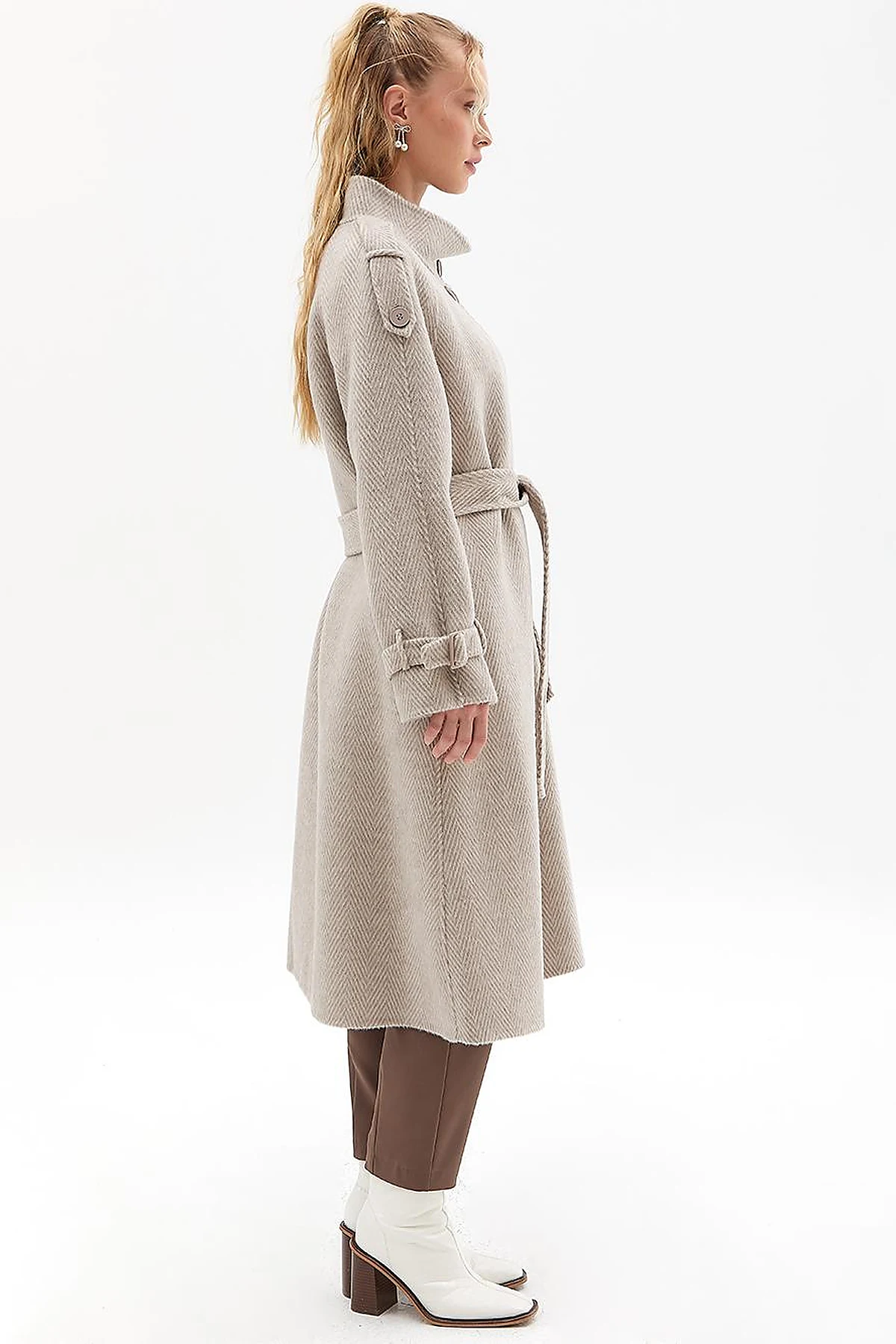 Premium Wool Herringbone Pattern Coat Mink