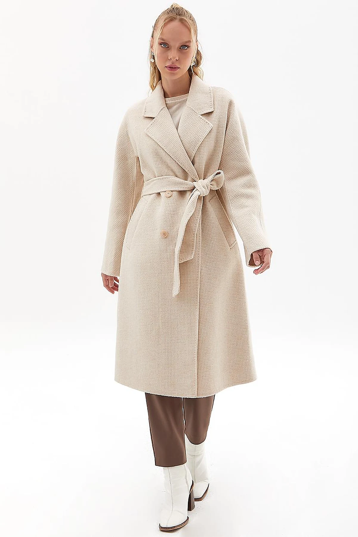 Premium Wool Men's Collar Belted Coat Cream