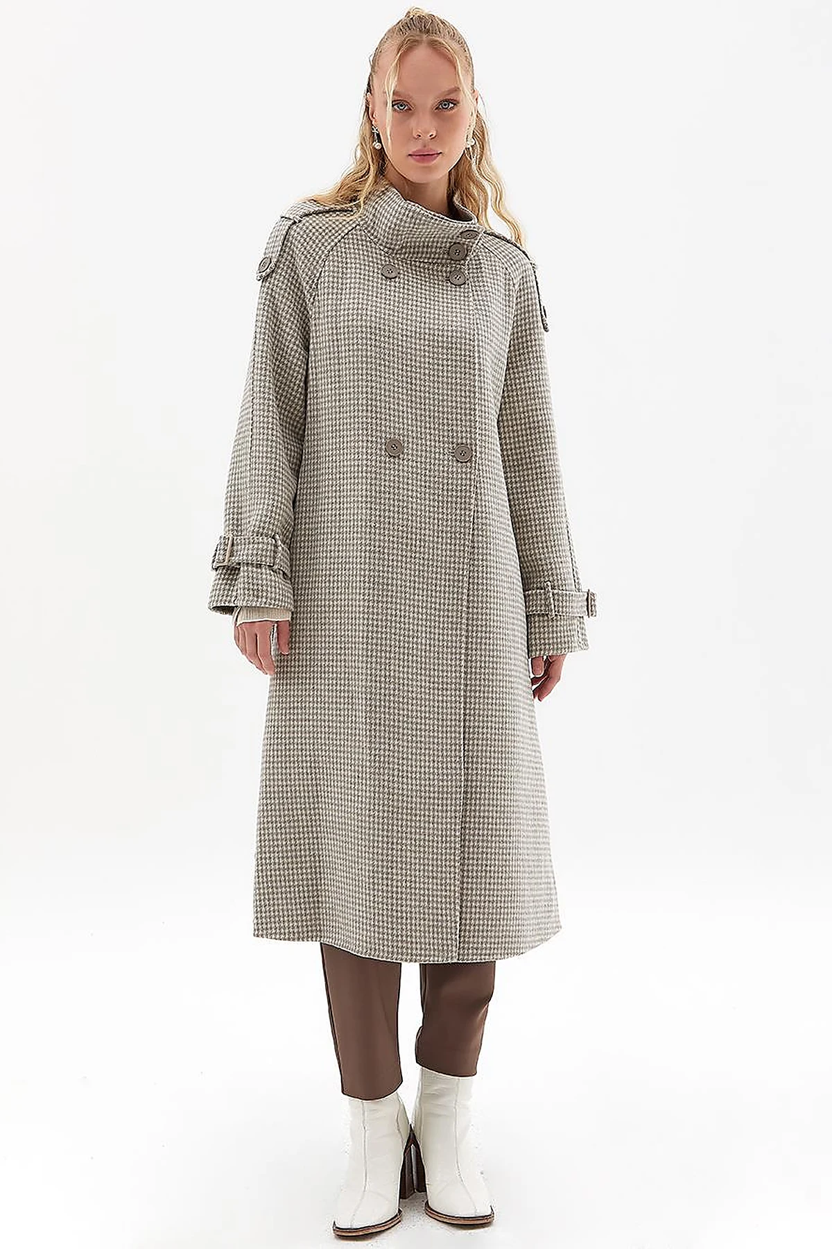 Premium Wool Houndstooth Pattern Coat Gray
