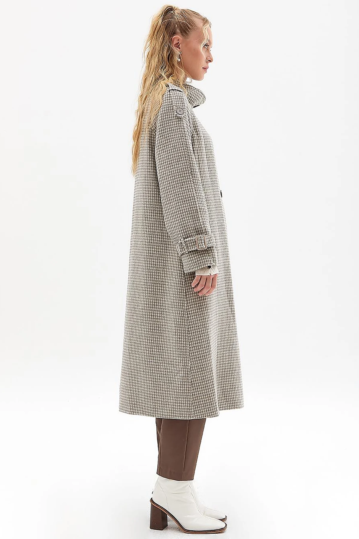 Premium Wool Houndstooth Pattern Coat Gray