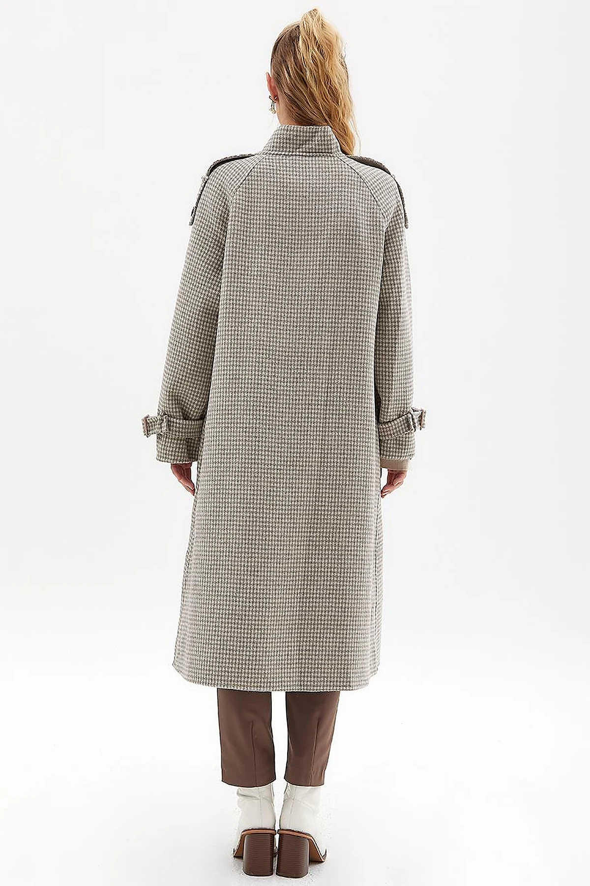 Premium Wool Houndstooth Pattern Coat Gray