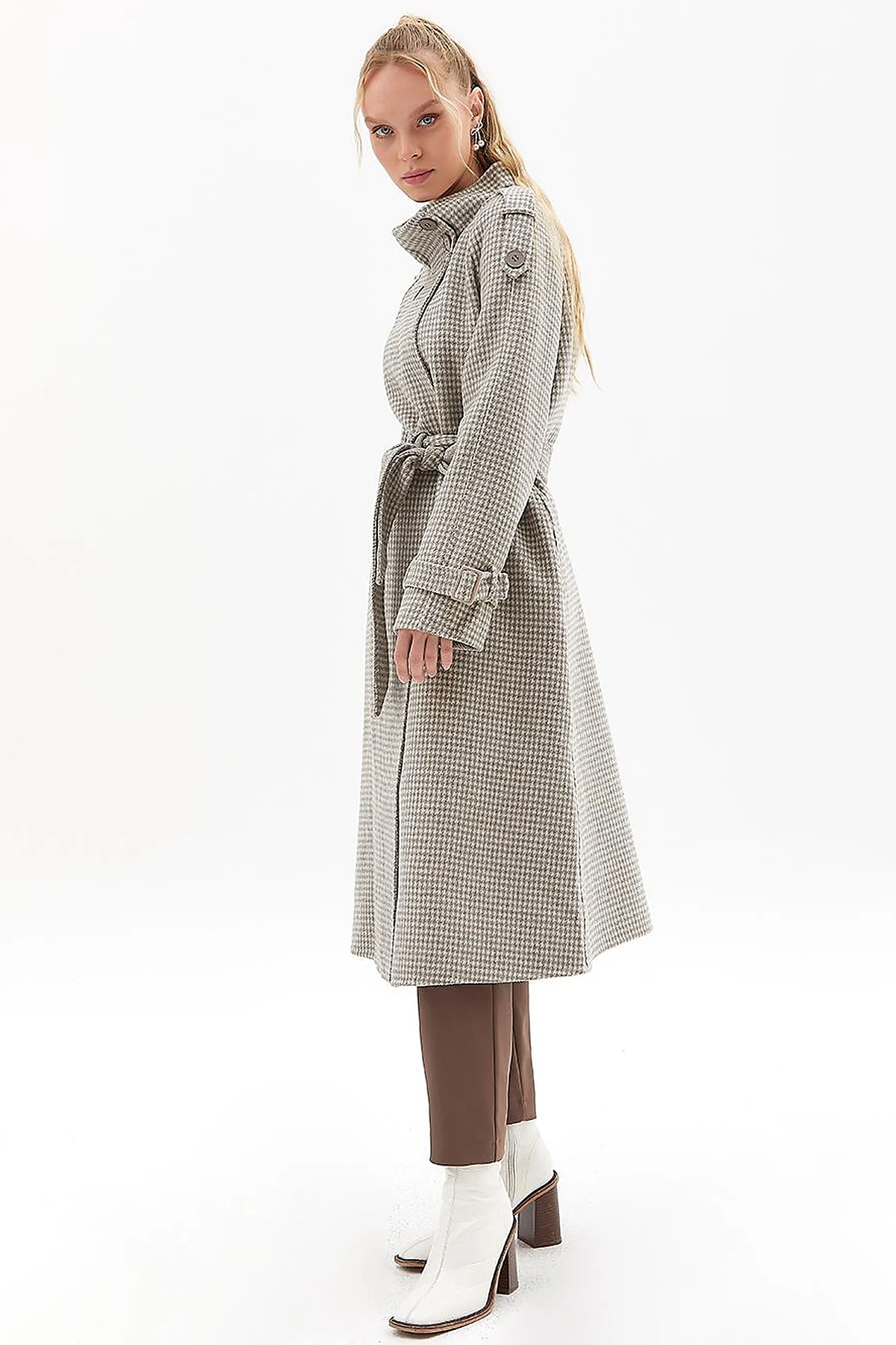 Premium Wool Houndstooth Pattern Coat Gray