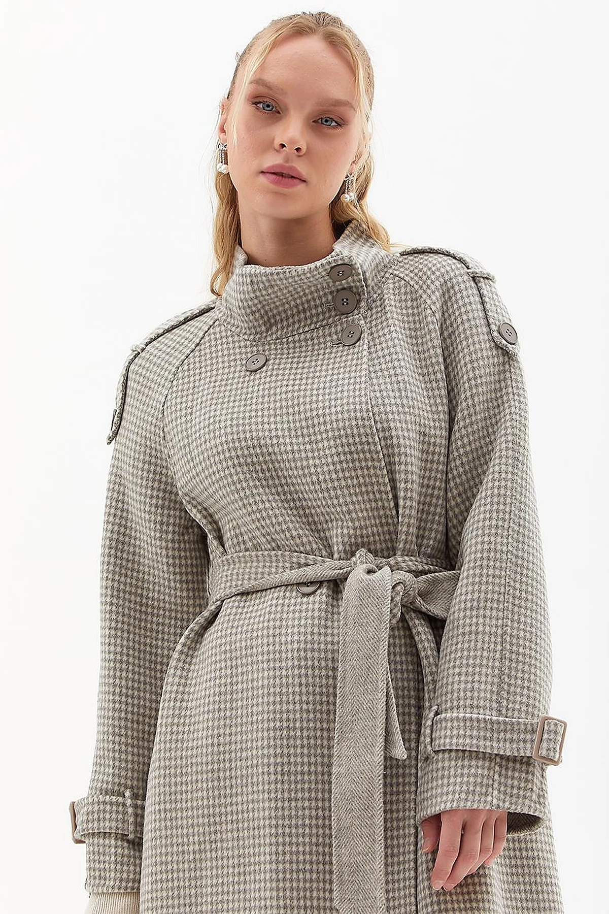 Premium Wool Houndstooth Pattern Coat Gray