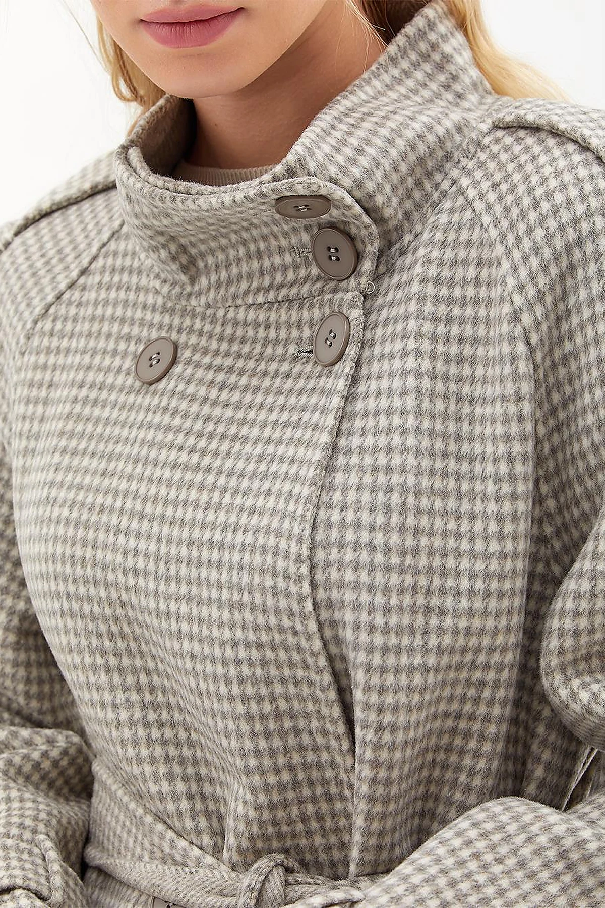 Premium Wool Houndstooth Pattern Coat Gray