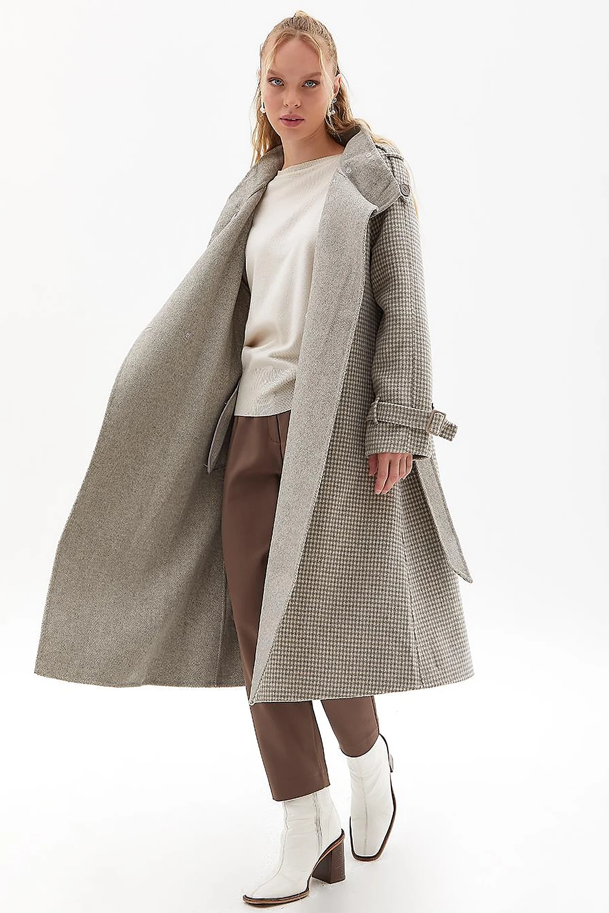 Premium Wool Houndstooth Pattern Coat Gray