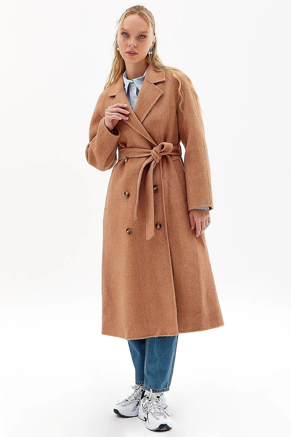 Premium Wool Raglan Sleeve Belted Coat Camel