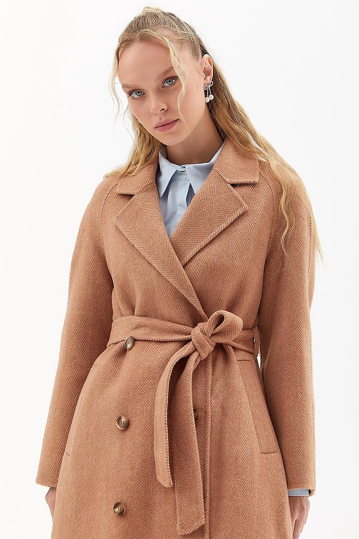 Premium Wool Raglan Sleeve Belted Coat Camel