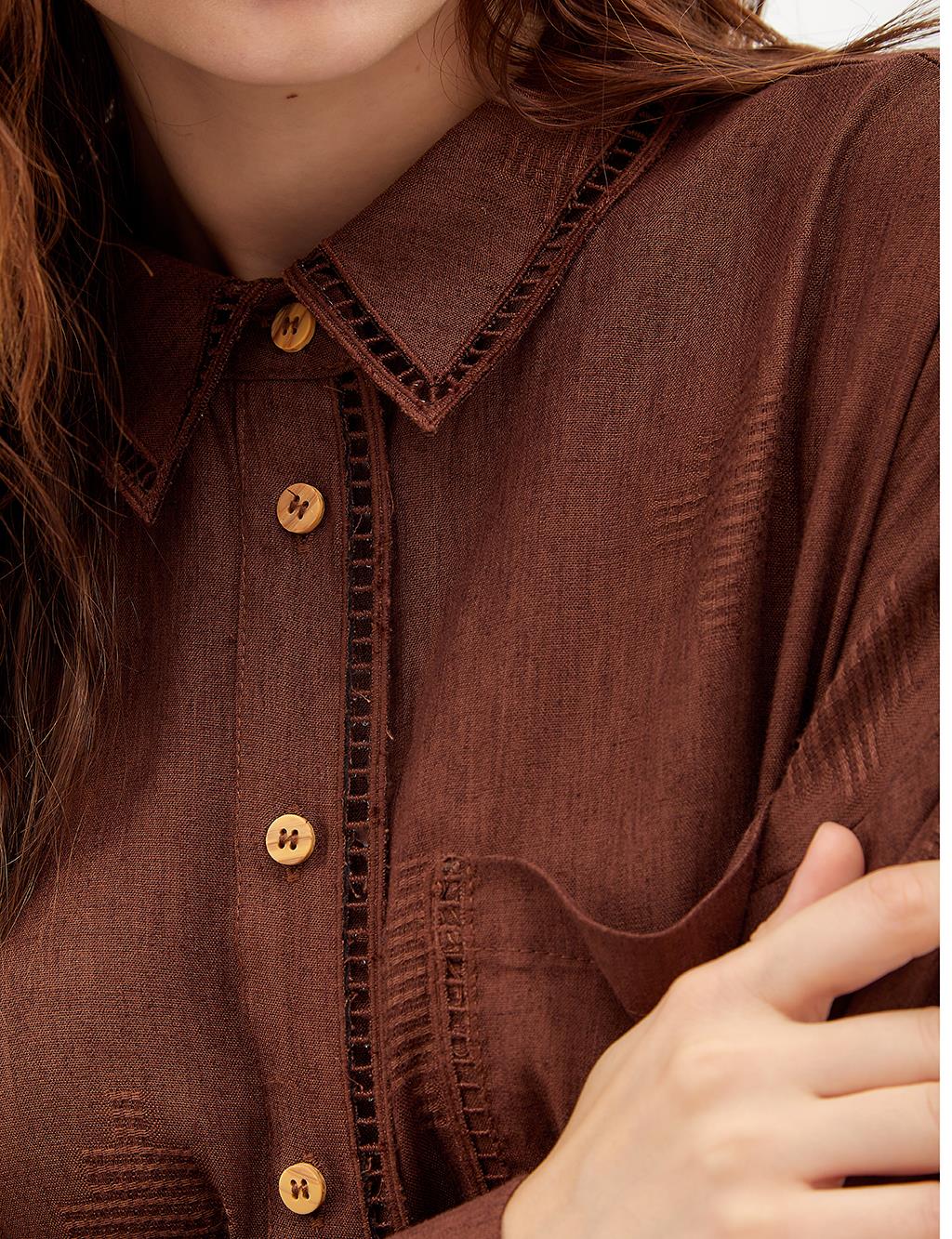Stripe Laced Shirt Collar Tunic Dark Brown