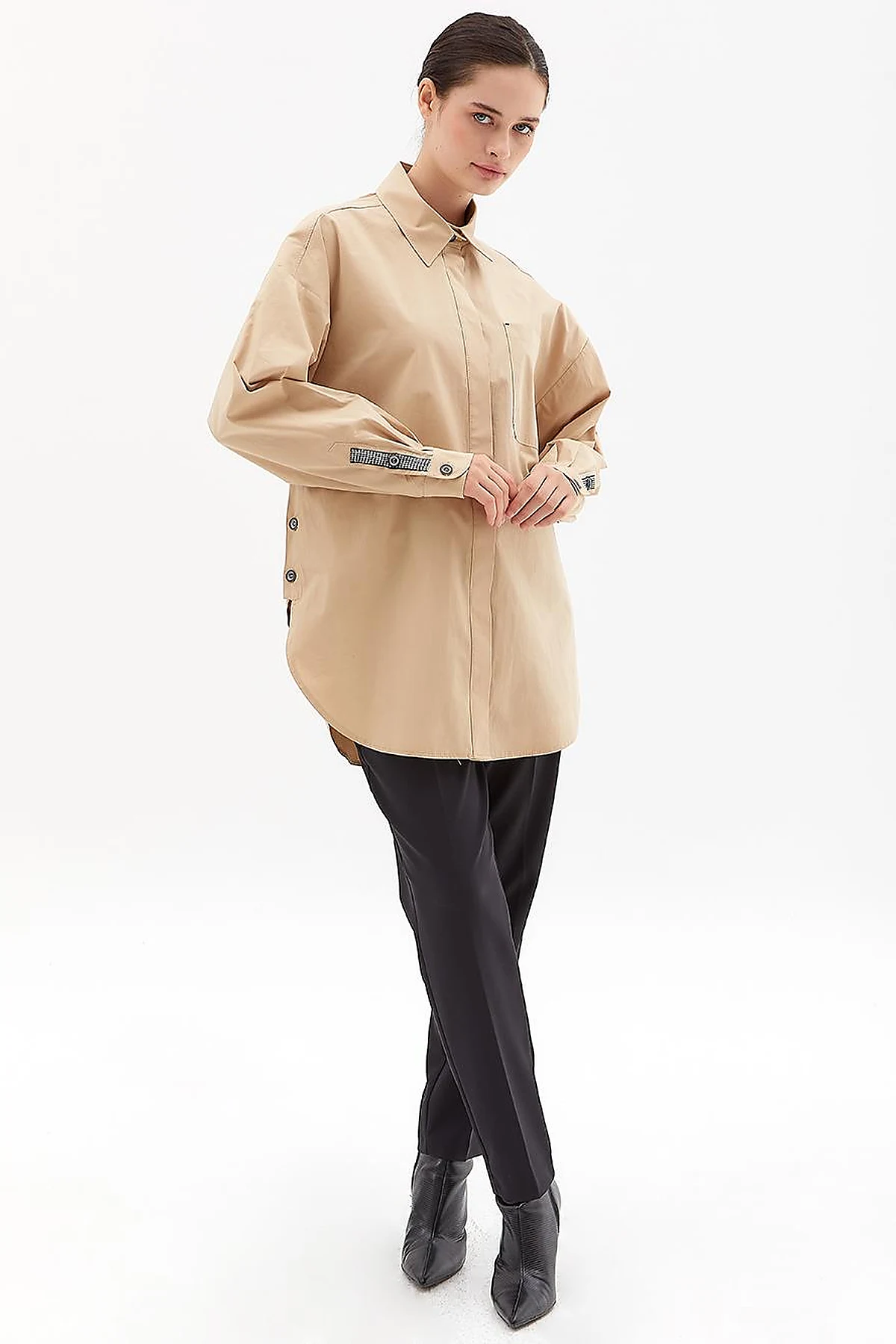 Oversize Poplin Tunik Bej