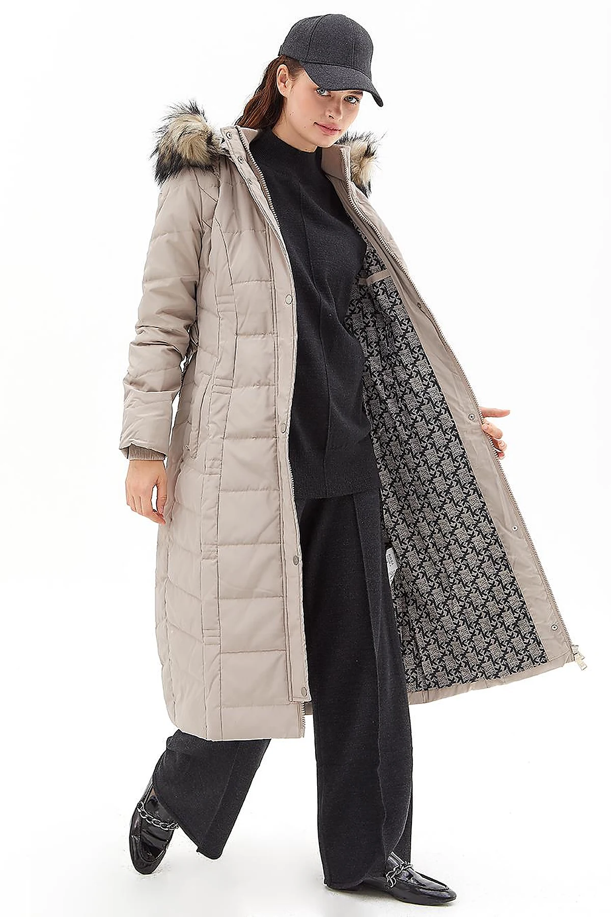 Goose Feather Filled Belted Coat Stone