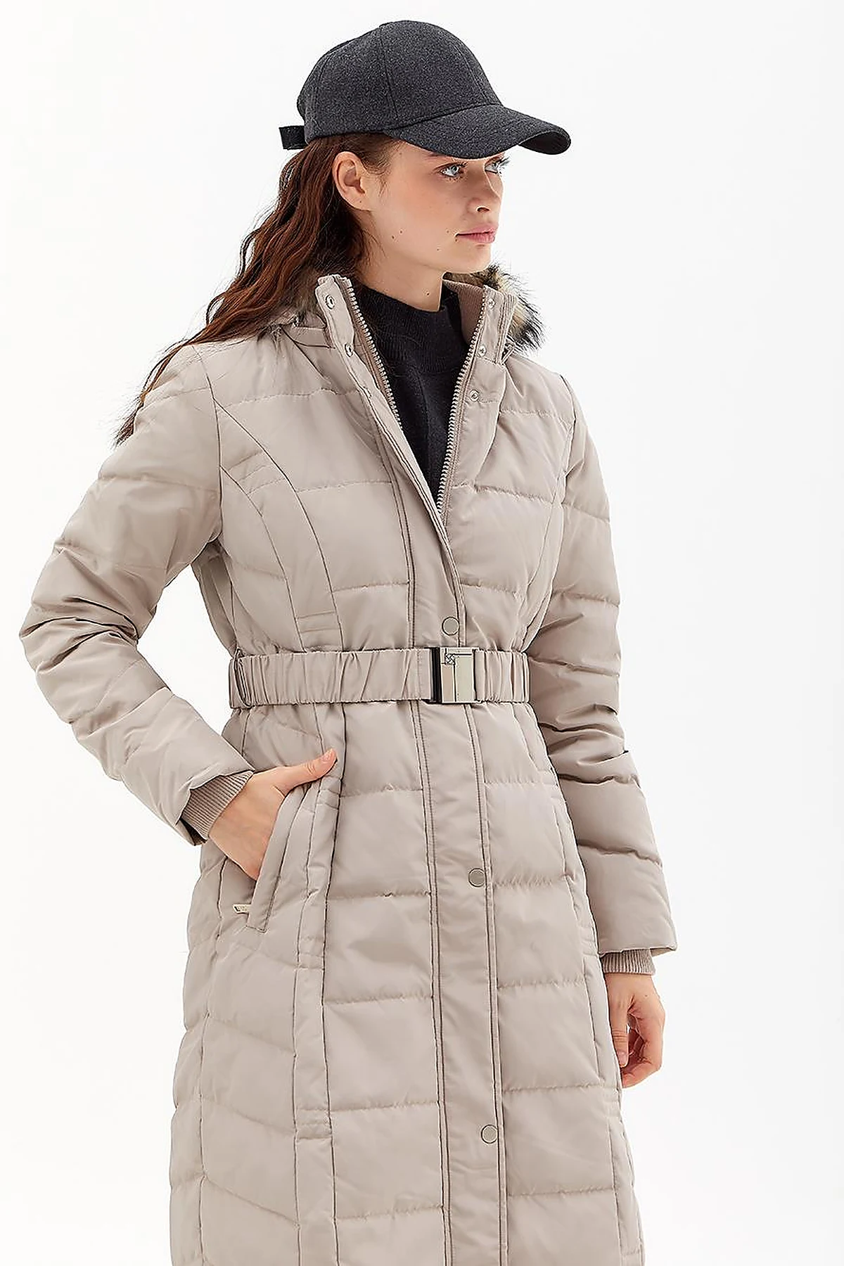 Goose Feather Filled Belted Coat Stone