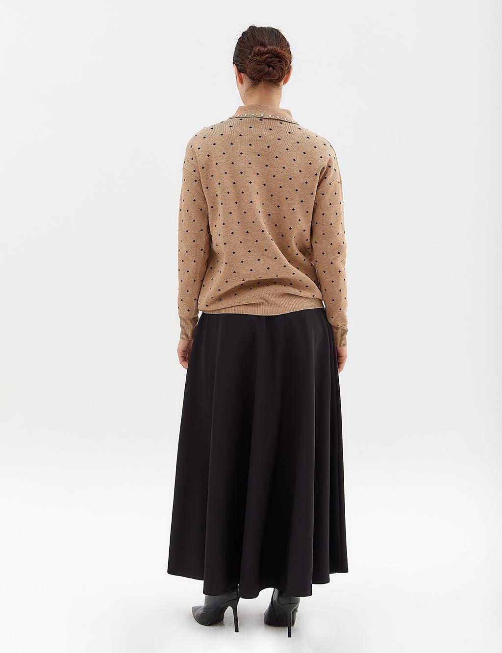 Polka Dot Bead Embroidered Knitwear Sweater Beige Navy Blue
