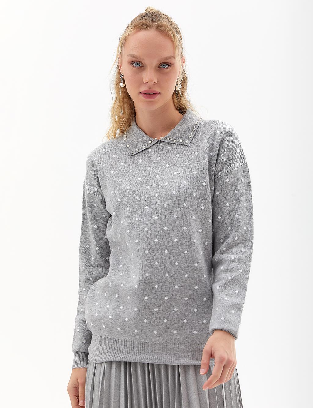 Polka Dot Bead Embroidered Knitwear Blouse Gray