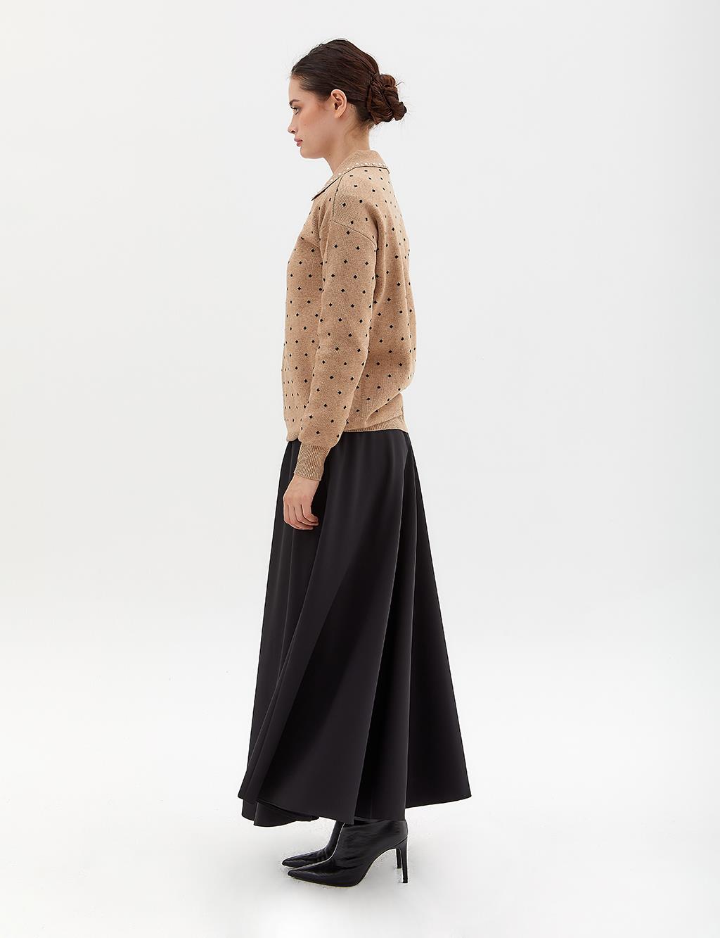 Polka Dot Bead Embroidered Knitwear Sweater Beige Navy Blue