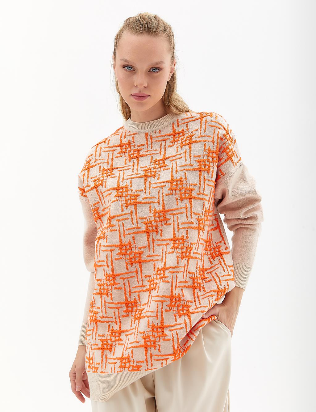 Abstract Patterned Crew Neck Knitwear Tunic Beige Orange