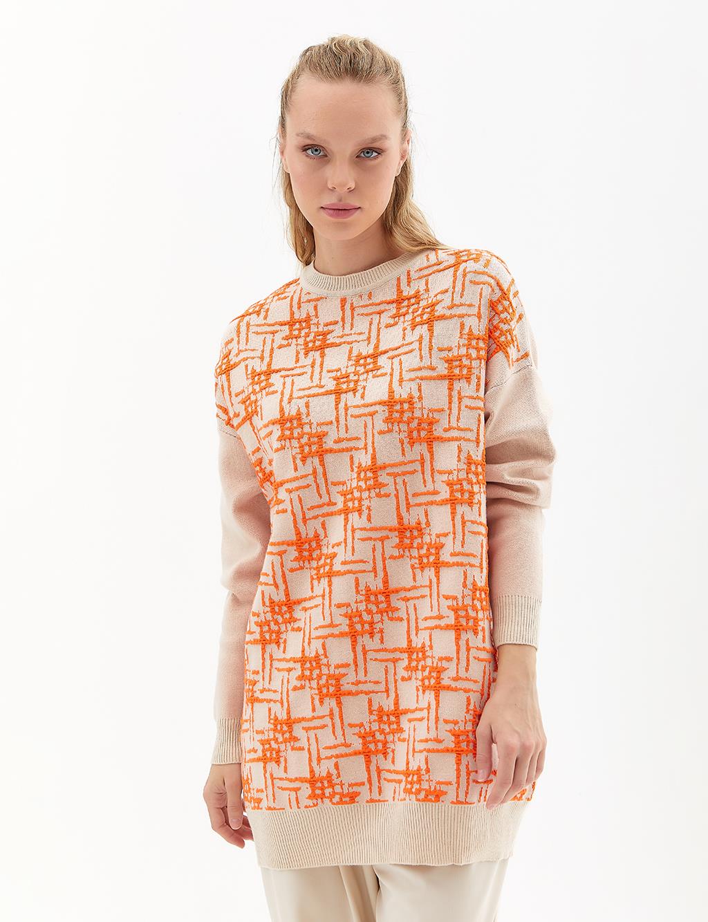 Abstract Patterned Crew Neck Knitwear Tunic Beige Orange