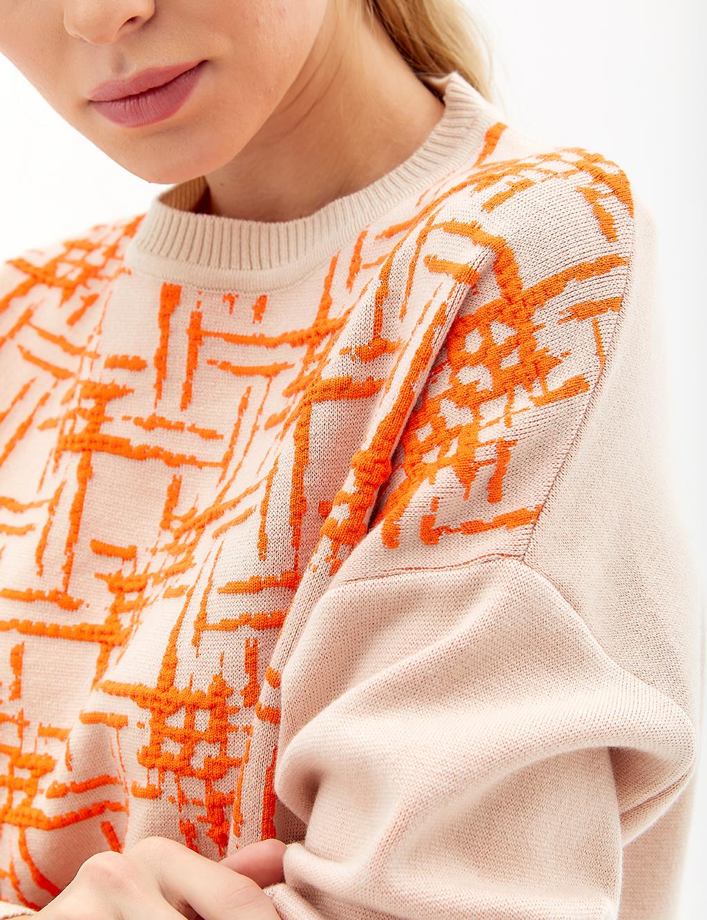 Abstract Patterned Crew Neck Knitwear Tunic Beige Orange