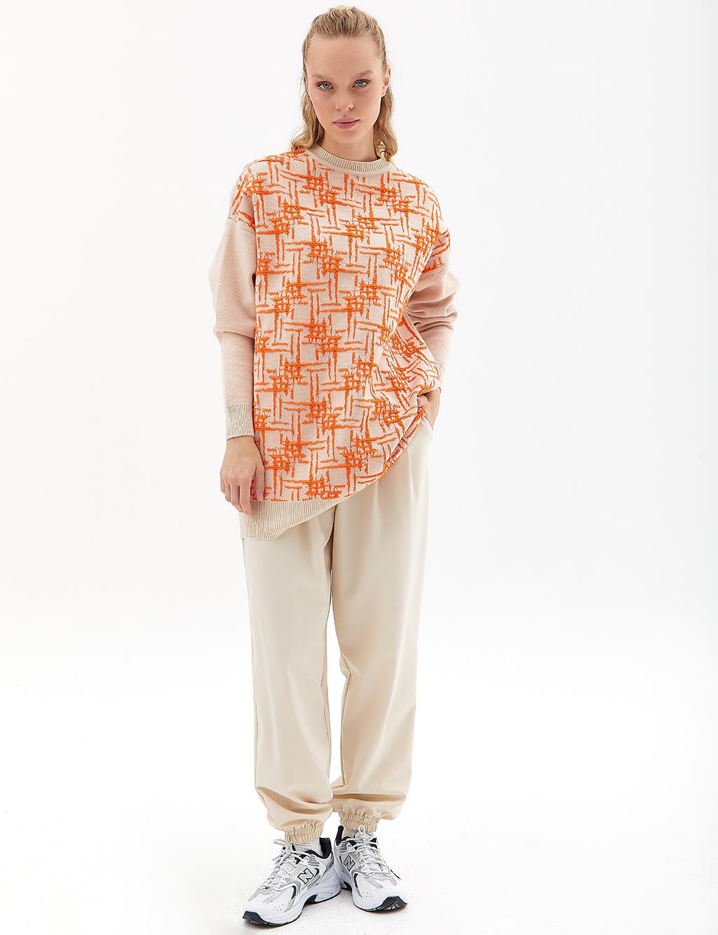 Abstract Patterned Crew Neck Knitwear Tunic Beige Orange