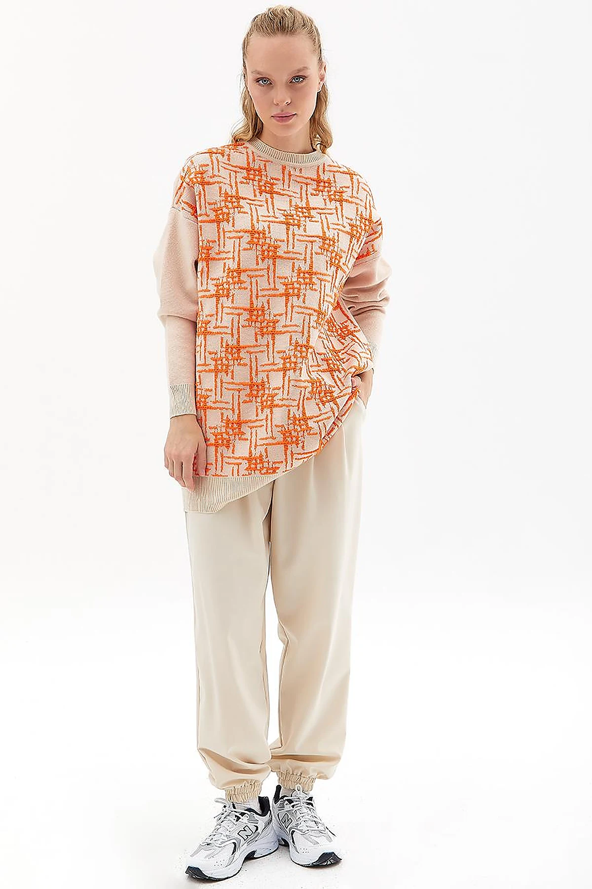 Abstract Patterned Crew Neck Knitwear Tunic Beige Orange