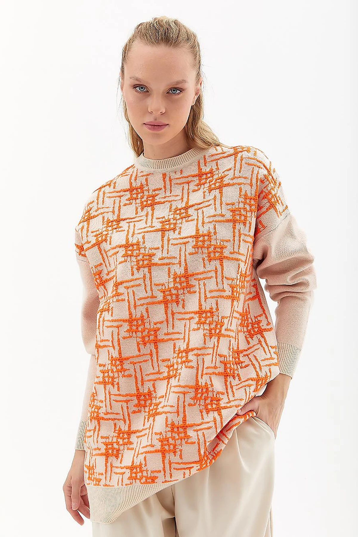 Abstract Patterned Crew Neck Knitwear Tunic Beige Orange