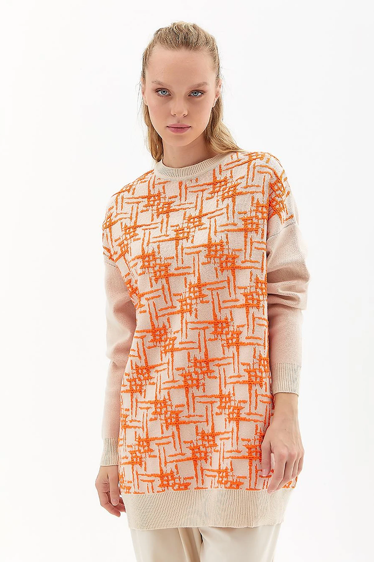 Abstract Patterned Crew Neck Knitwear Tunic Beige Orange
