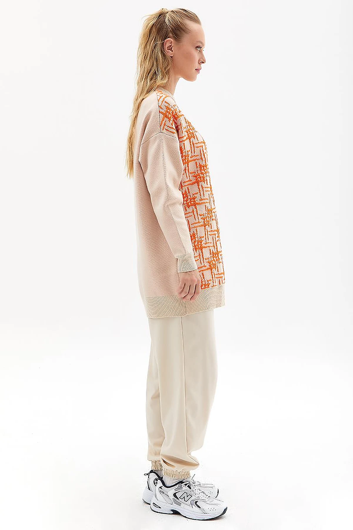 Abstract Patterned Crew Neck Knitwear Tunic Beige Orange