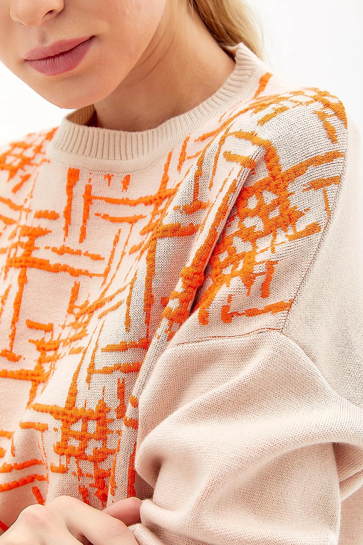 Abstract Patterned Crew Neck Knitwear Tunic Beige Orange