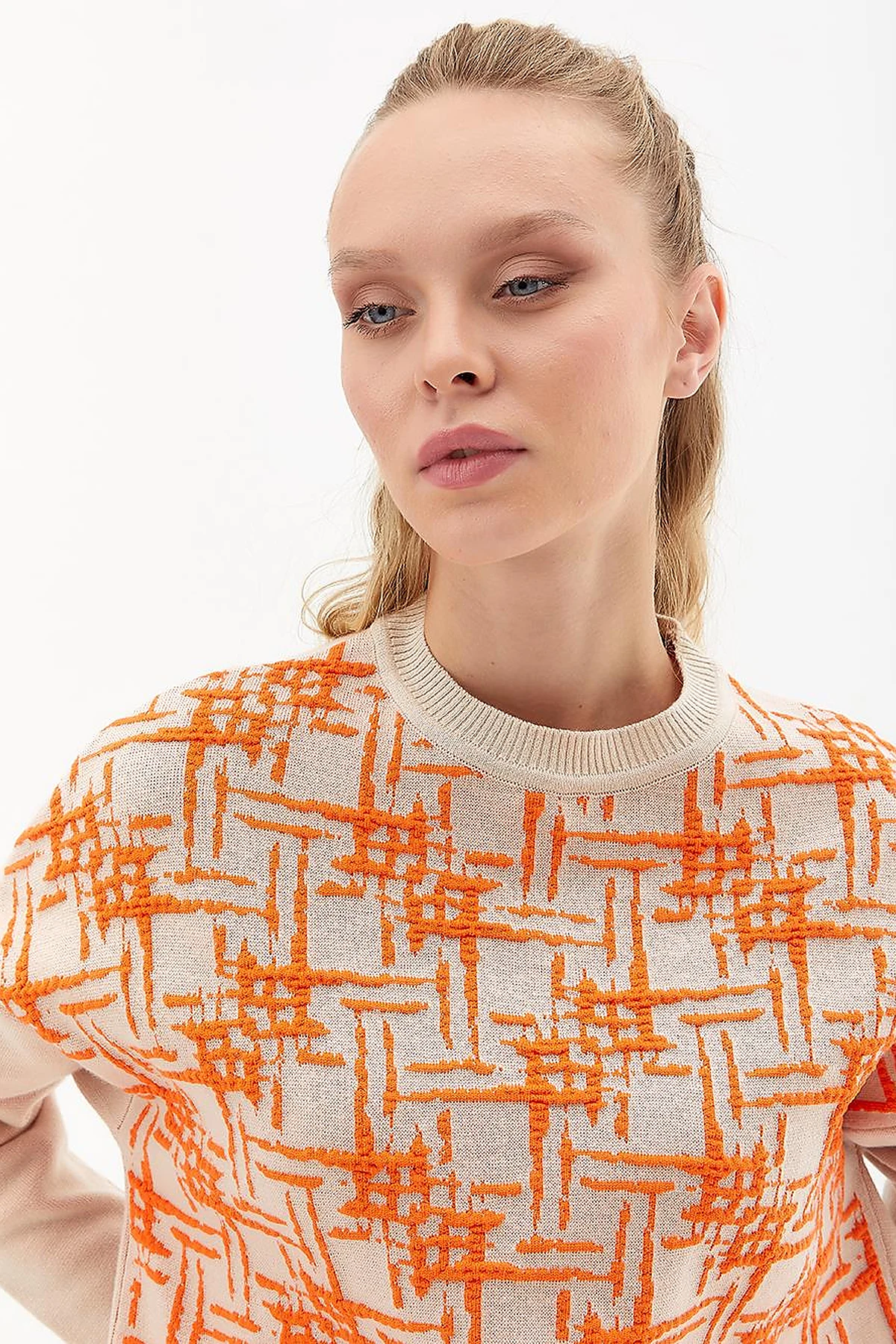 Abstract Patterned Crew Neck Knitwear Tunic Beige Orange