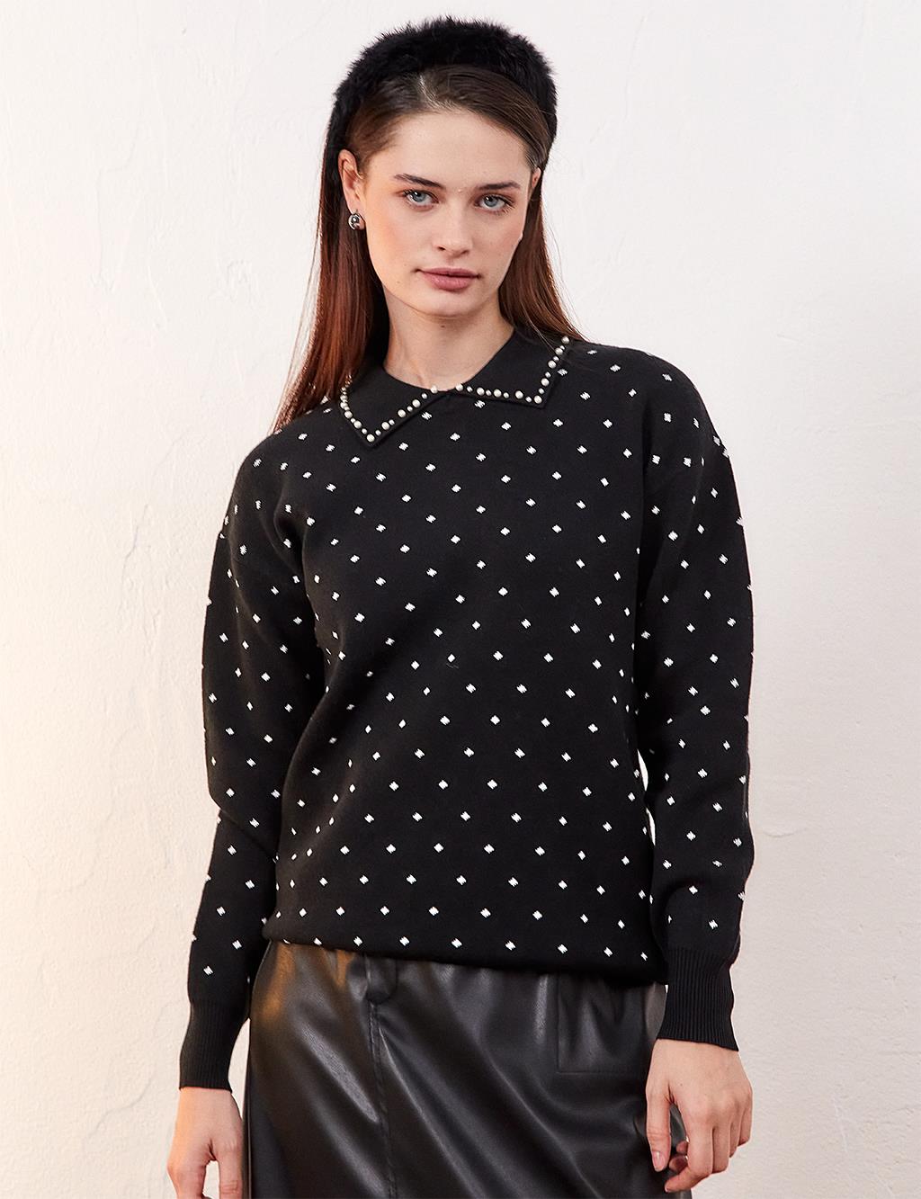 Polka Dot Bead Embroidered Knitwear Blouse Black Optical White