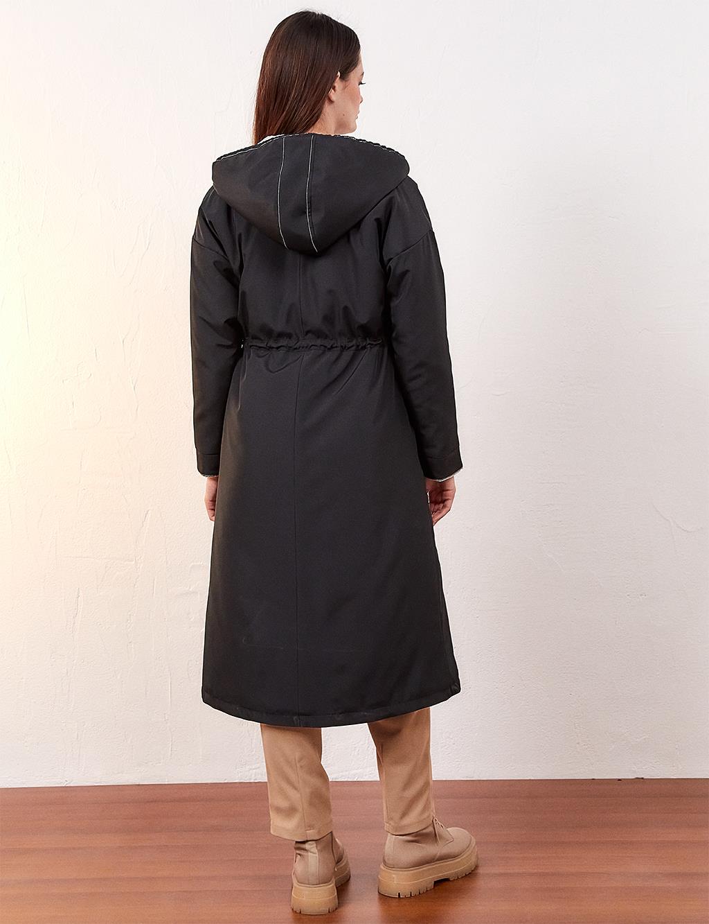Drawstring Waist Hooded Puffer Coat Black