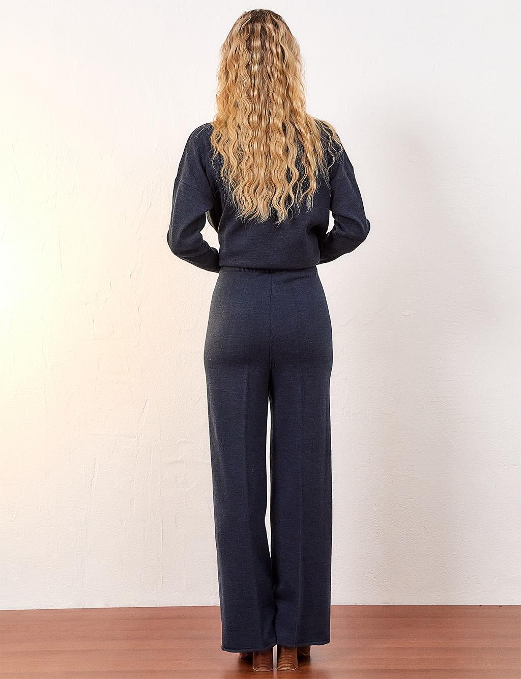 Wide Leg Knitwear Trousers Navy Blue