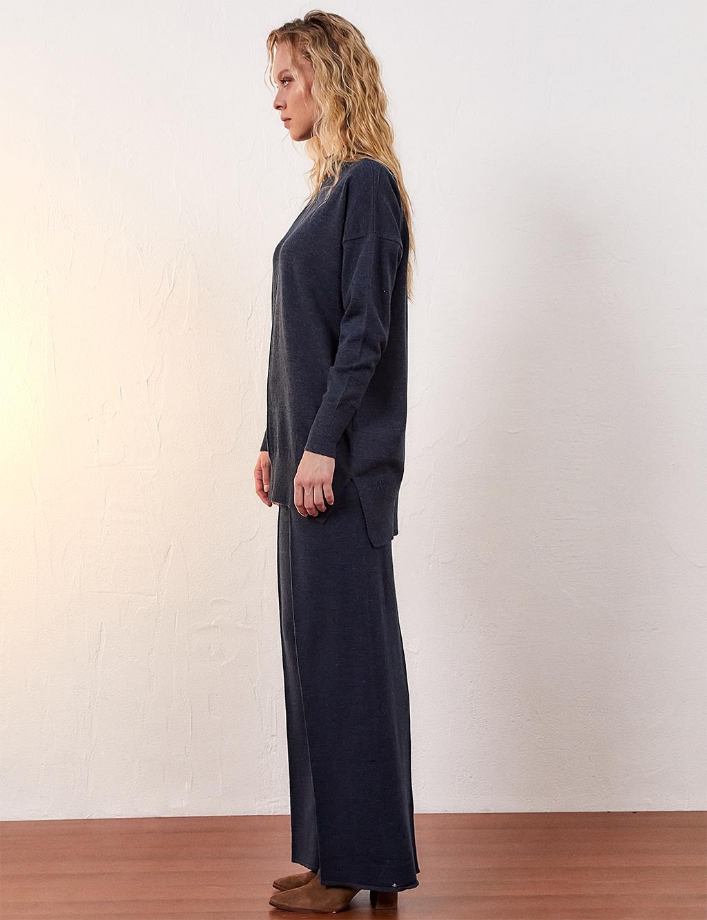 Wide Leg Knitwear Trousers Navy Blue