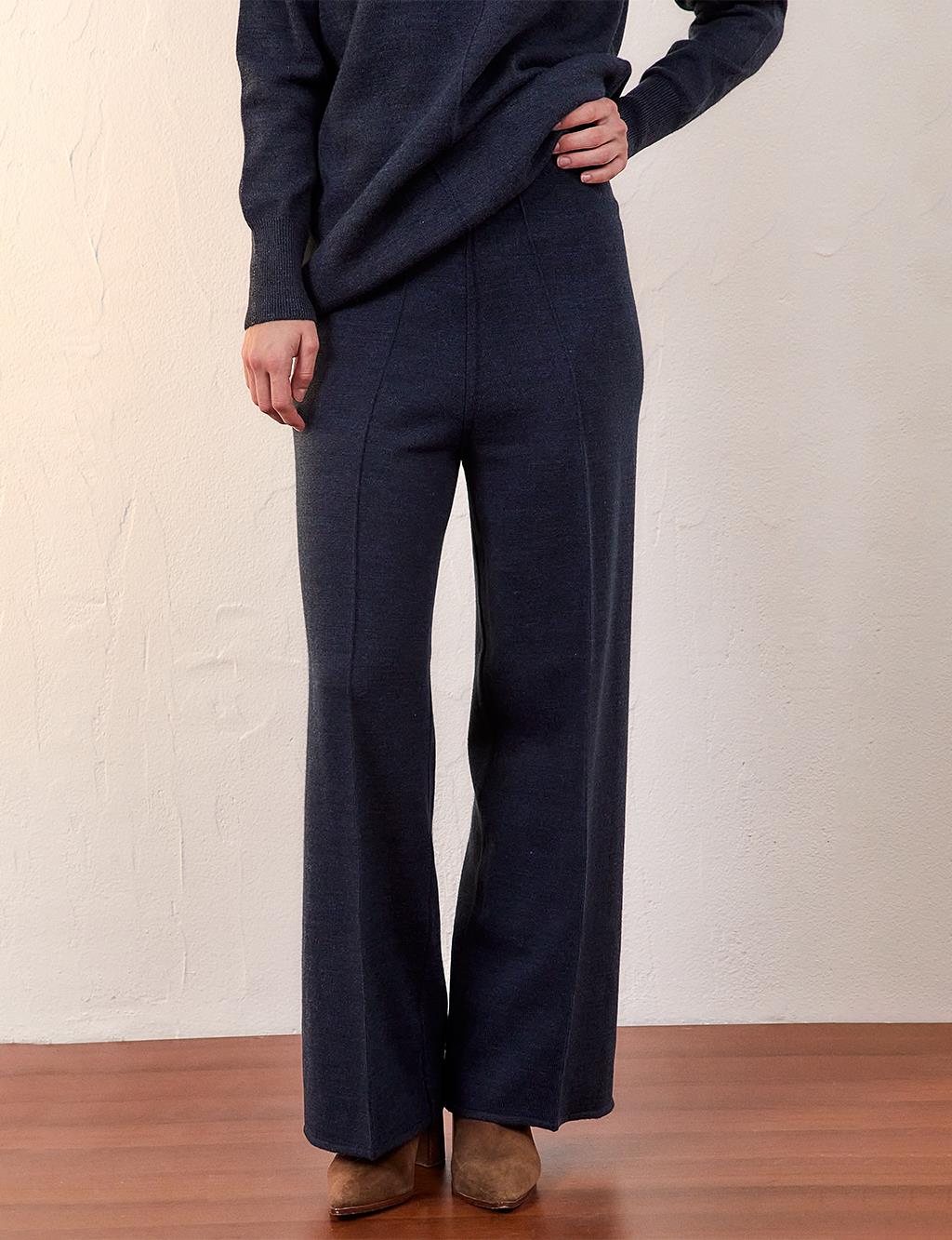 Wide Leg Knitwear Trousers Navy Blue