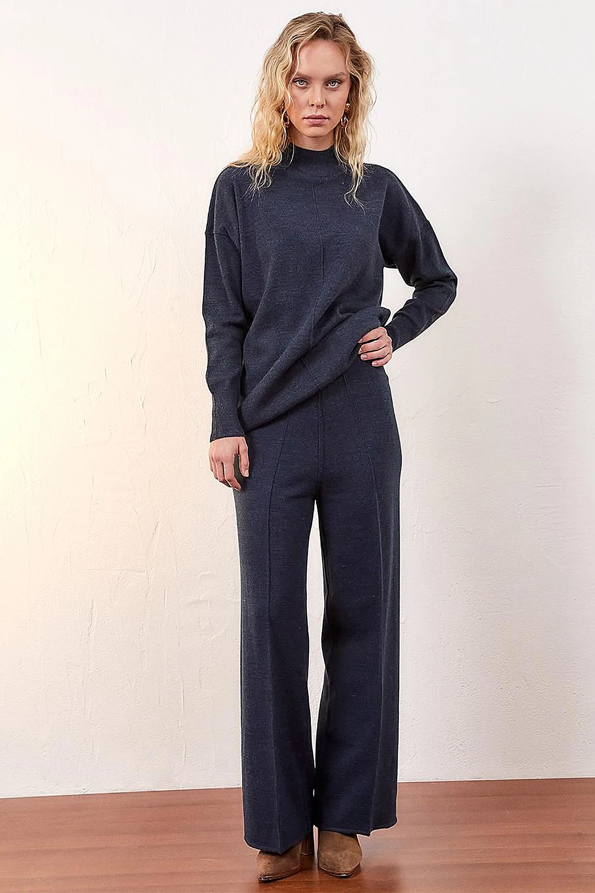 Wide Leg Knitwear Trousers Navy Blue