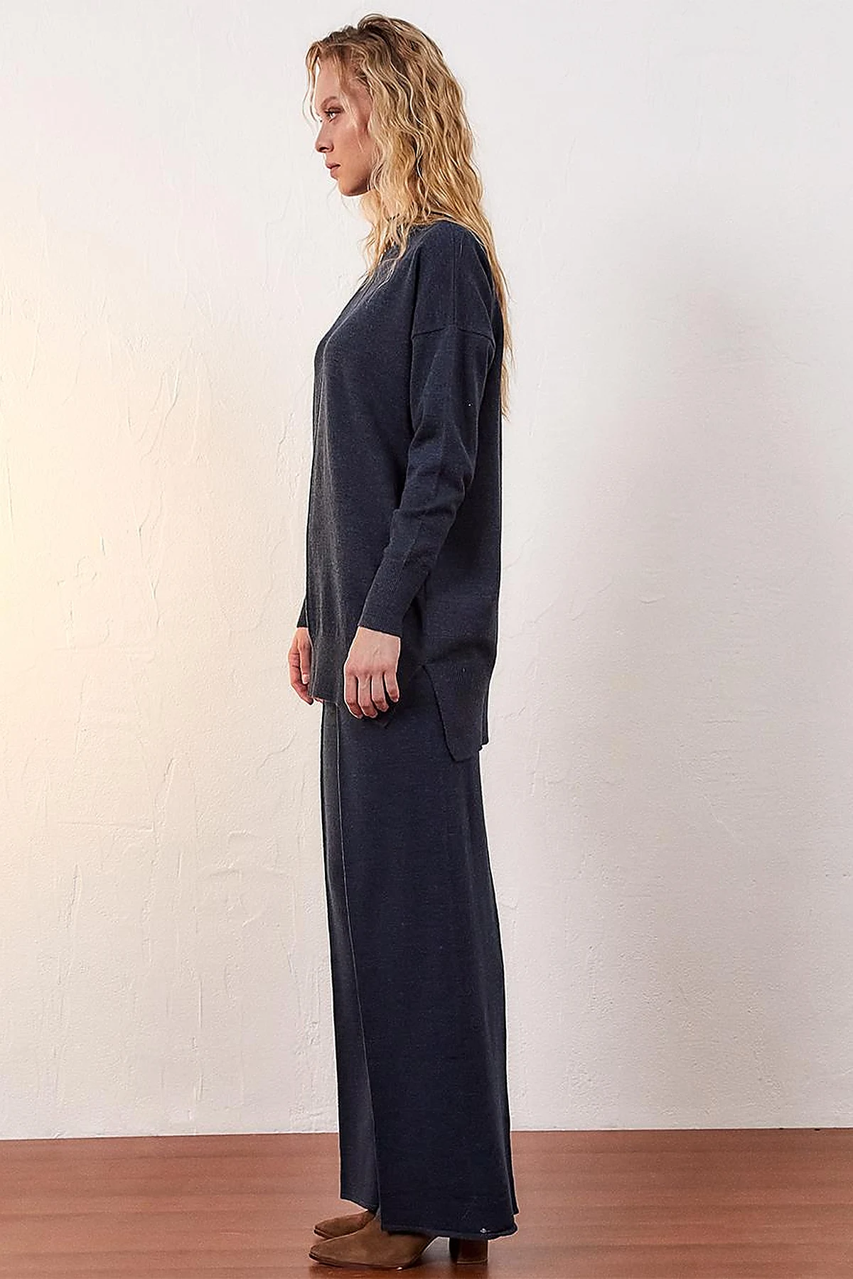 Wide Leg Knitwear Trousers Navy Blue