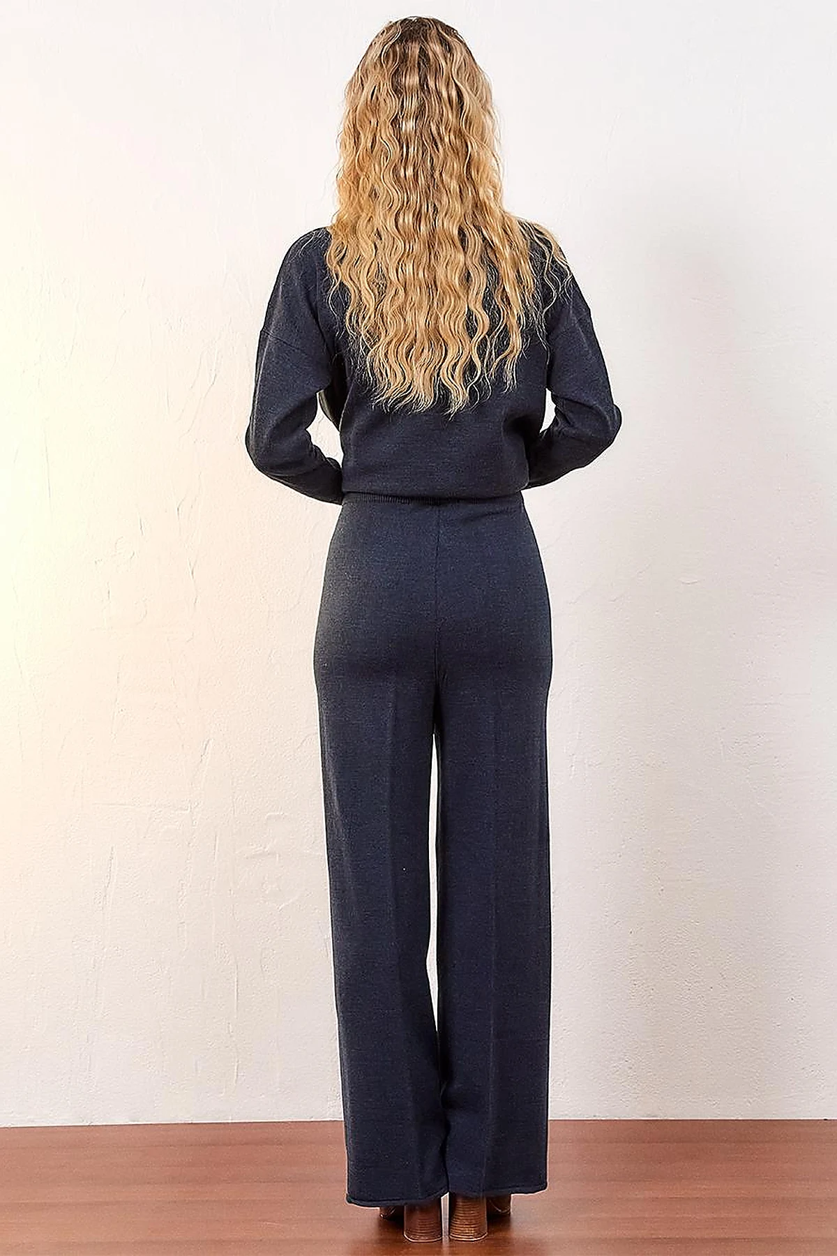 Wide Leg Knitwear Trousers Navy Blue