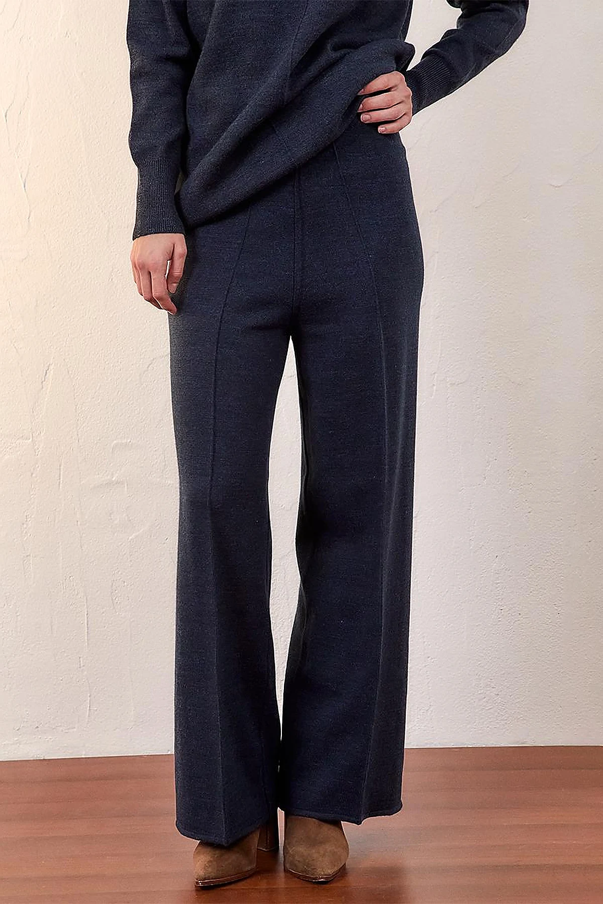 Wide Leg Knitwear Trousers Navy Blue