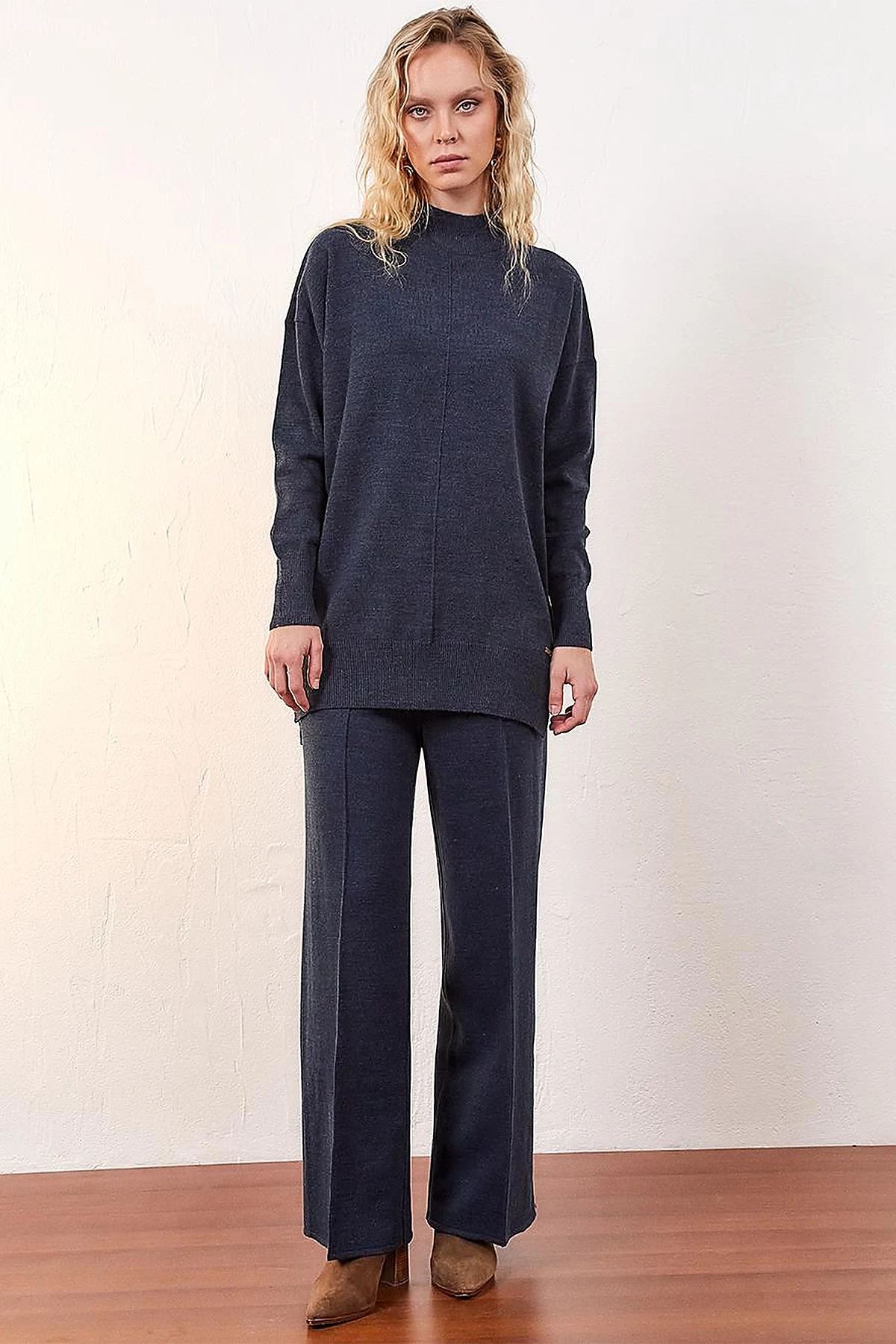 Wide Leg Knitwear Trousers Navy Blue