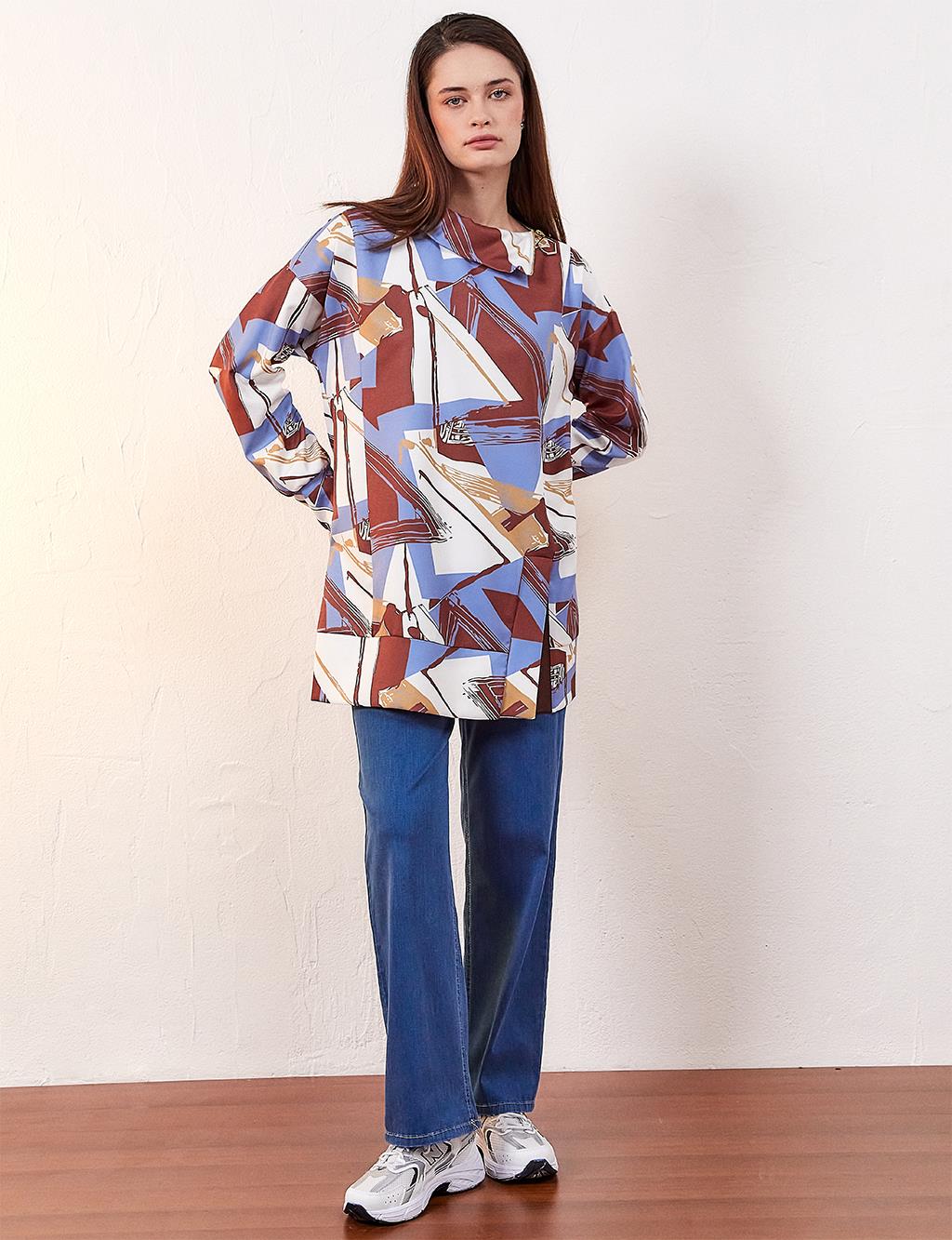 Abstract Patterned Shoulder Zipper Sweatshirt Blue