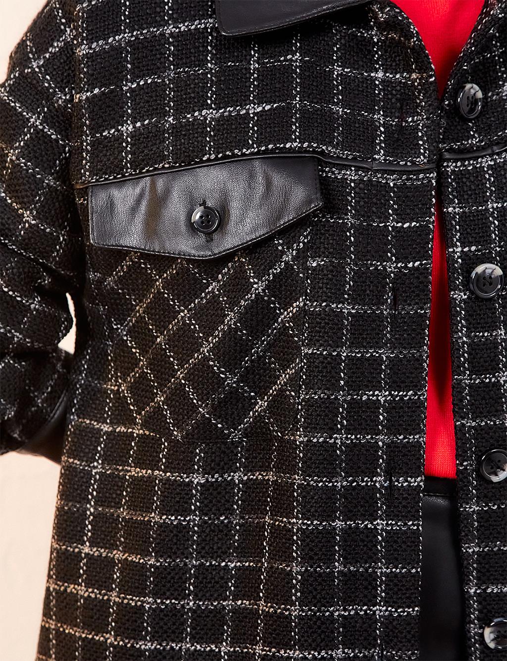 Checkered Faux Leather Detailed Jacket Black