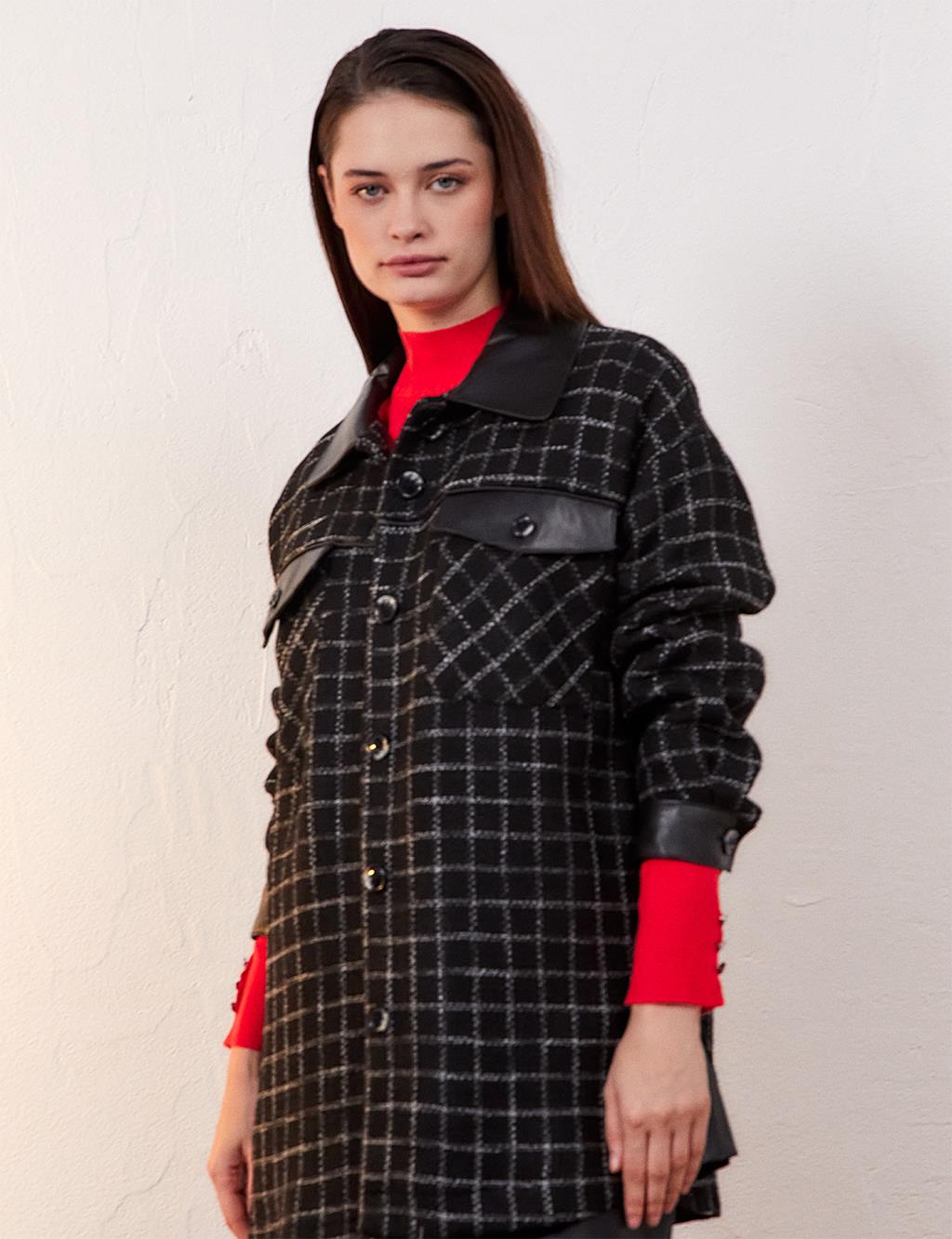 Checkered Faux Leather Detailed Jacket Black