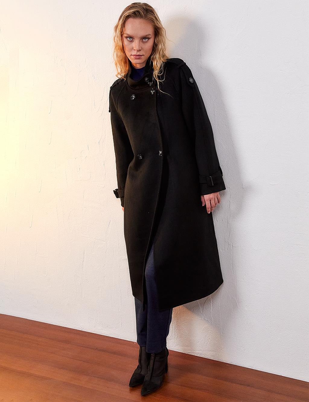 Premium Wool Stand Collar Coat Black