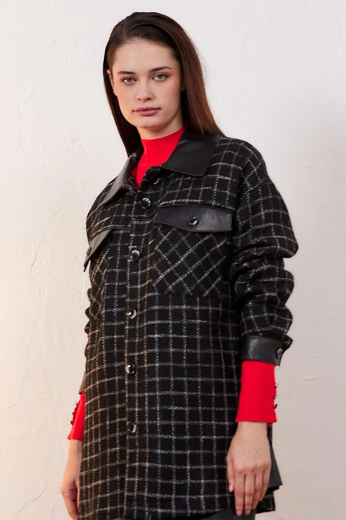 Checkered Faux Leather Detailed Jacket Black