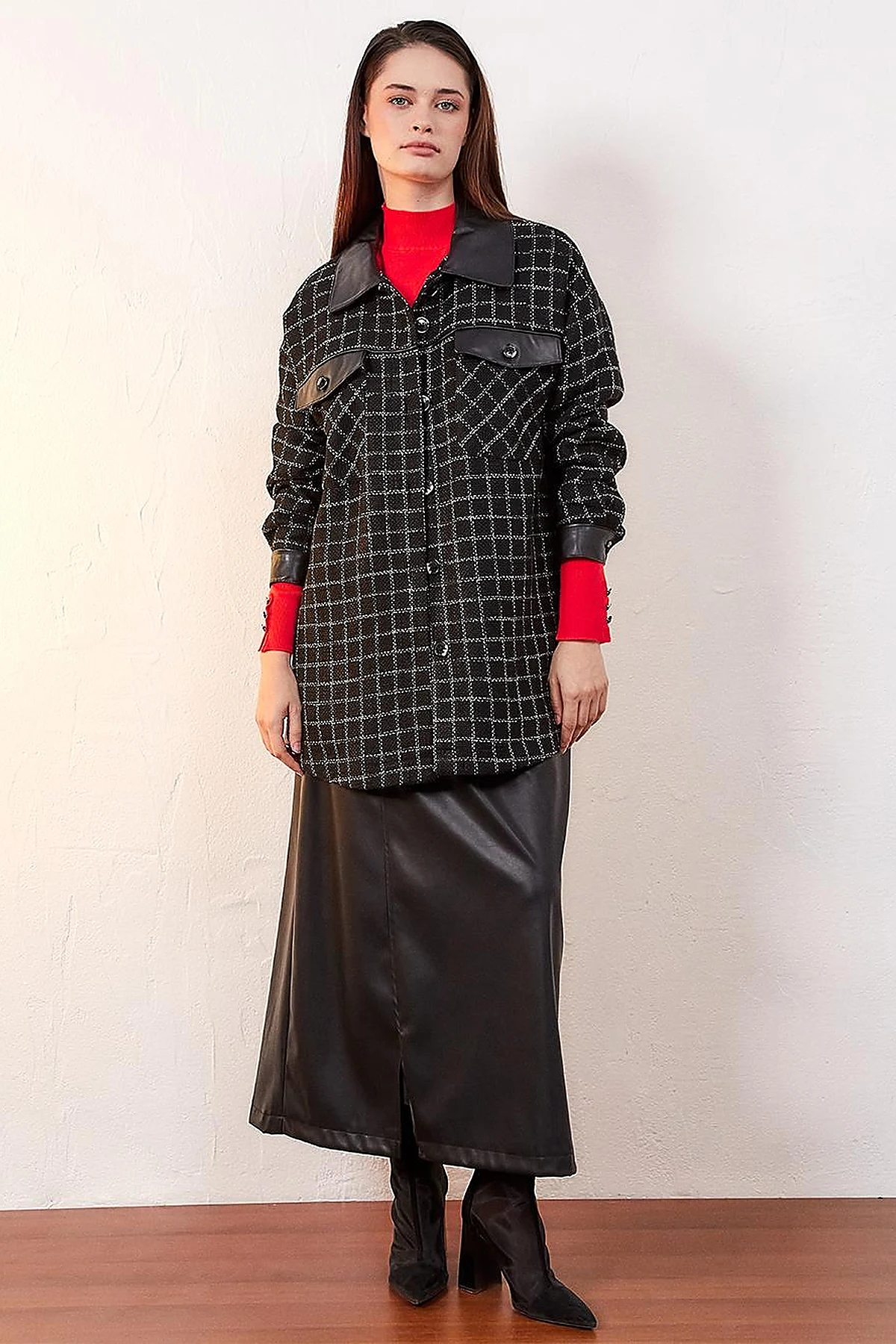 Checkered Faux Leather Detailed Jacket Black