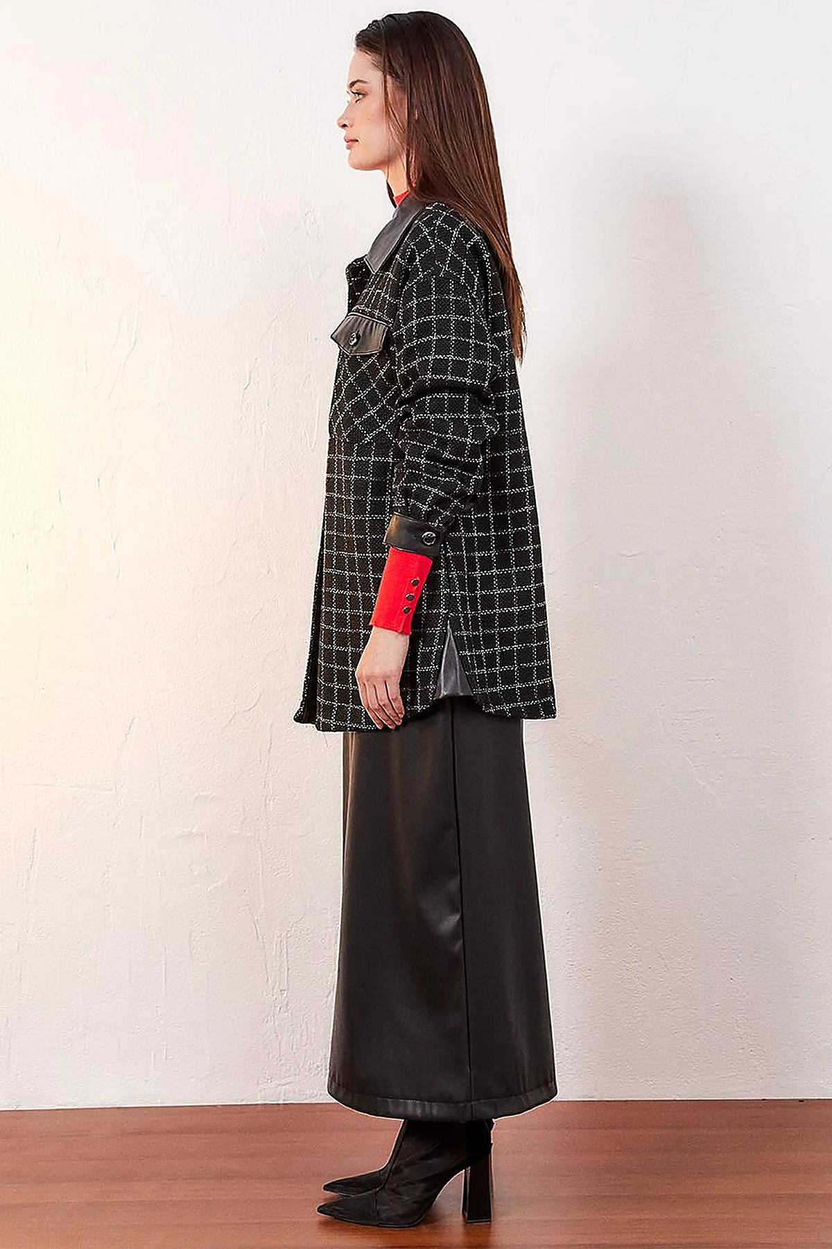Checkered Faux Leather Detailed Jacket Black