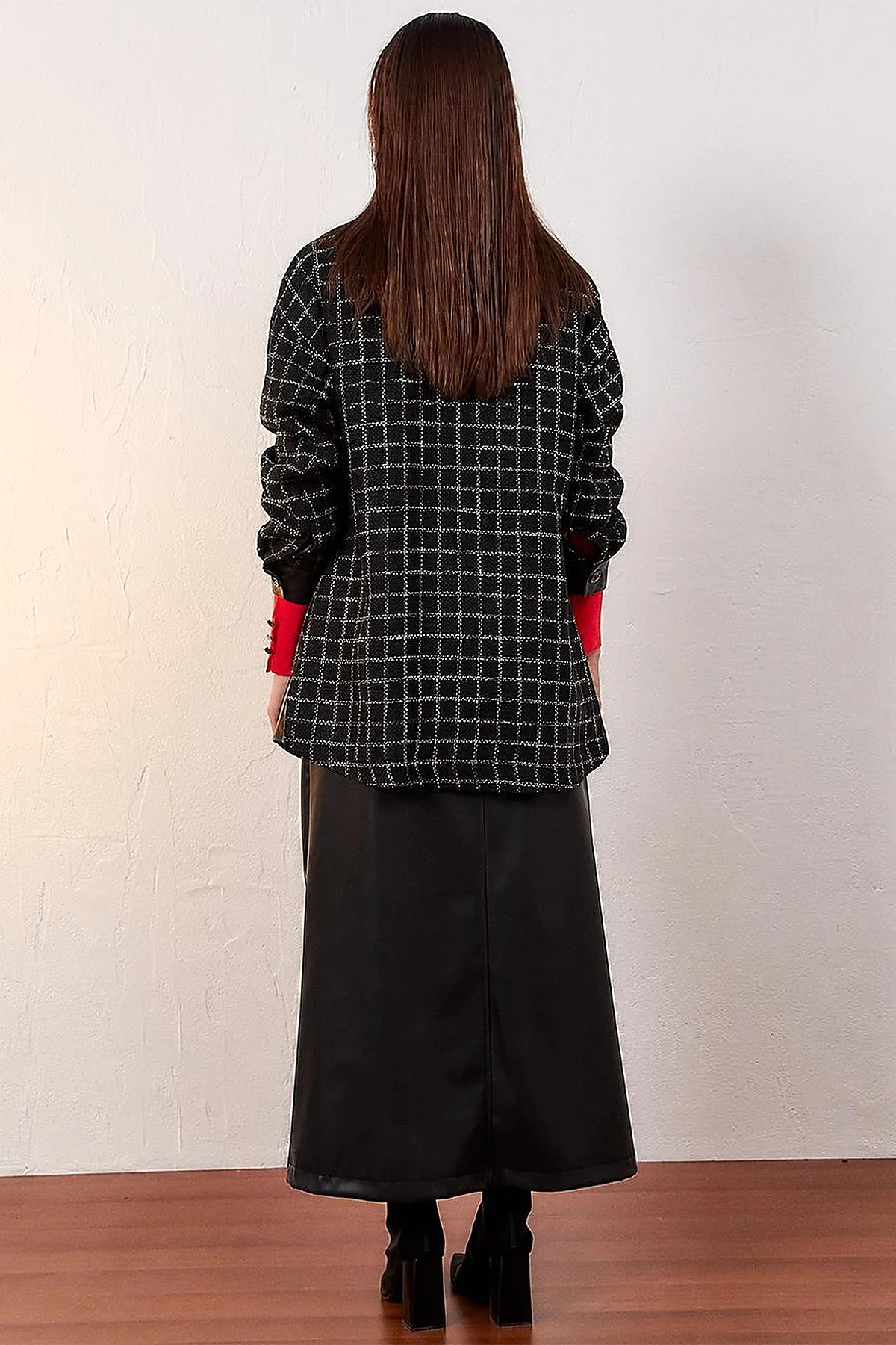 Checkered Faux Leather Detailed Jacket Black